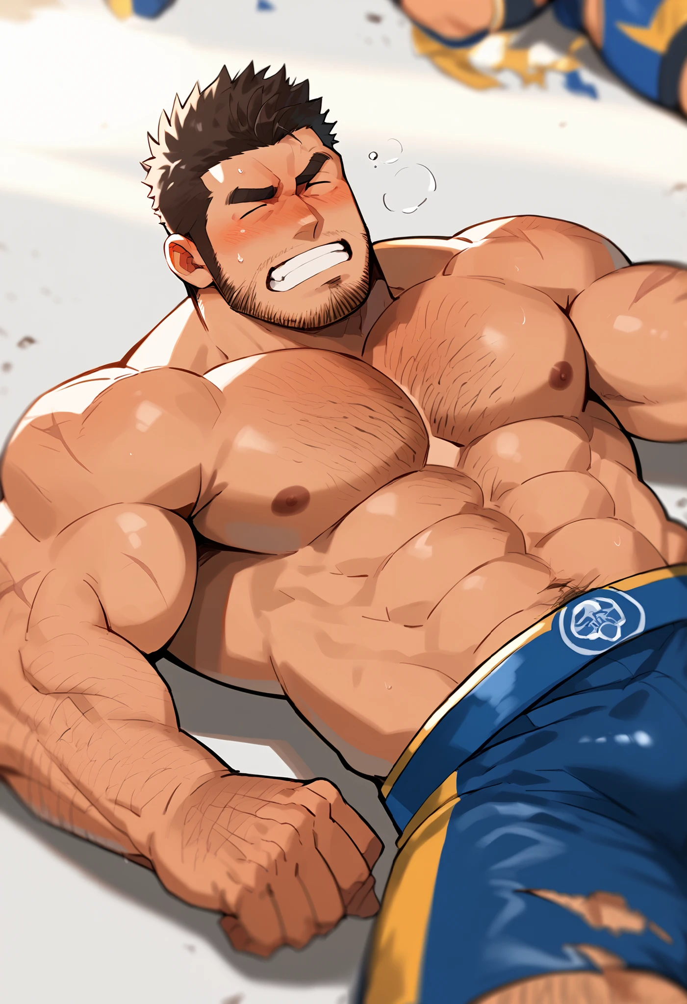 Masterpiece, top quality, stubble, leg hair, arm hair, blurred distant background, thick eyebrows, chest hair, hairy whole body, blushing, wrestler, torn wrestling pants, bare upper body, bulge, round beard, thick stomach, wrestling, fallen, body covered in wounds