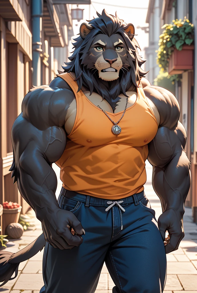 ((solo)), anthro lion male, (dark brown fur, black mane, darker nose and hands:1.5), ((lion tough face, big eyes, green pupils, grumpy:1.3)), male, late twenties, athletic, abs, (veiny, ripped muscles:1.8), (correct anatomy, heavy build, wide torso, small head:1.7), (realistic fur, detailed fur texture, dripping sweat:1.3), detailed background farm, photorealistic, (working shorts:1.3), (boner with outline:1.2), bare torso, (detailed clothing), hyperrealistic, ultradetailed, by kenket, natural lighting, (muscular, sweaty, wet, steaming exhausted:2.0)