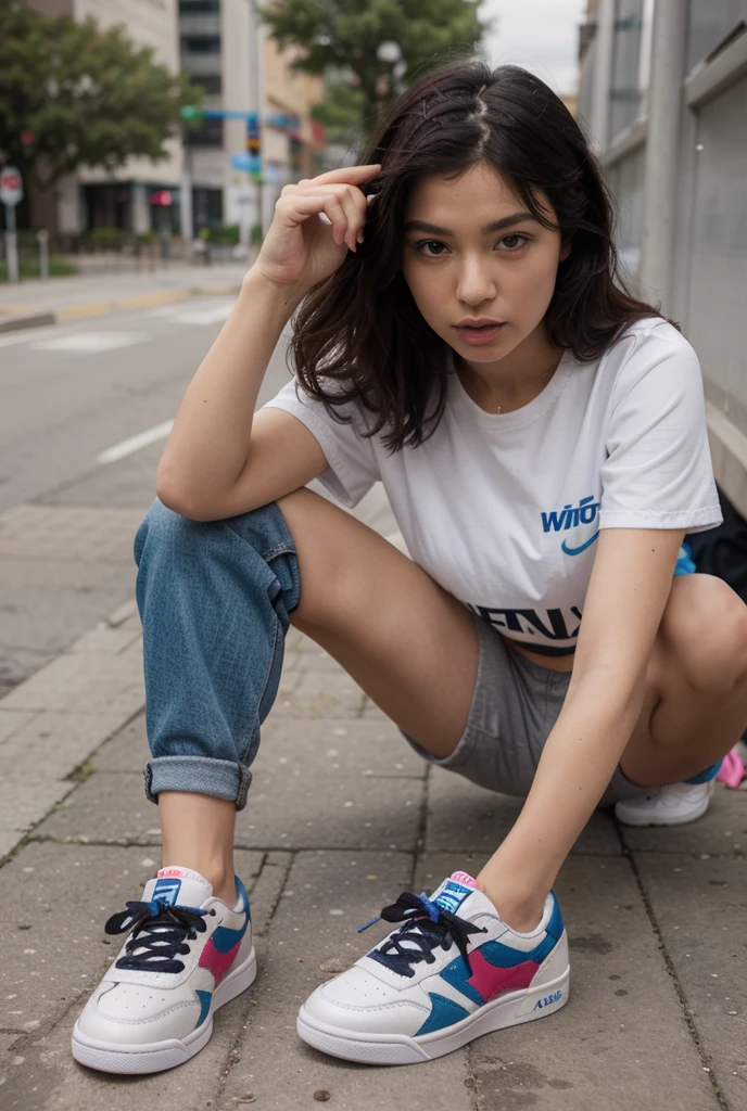 1girl, solo, sitting, shoes, looking at viewer, skirt, newspaper, sailor collar, socks, head rest, jewelry, sneakers, short hair, earrings, black hair, long sleeves, shirt, bangs, brown hair, brown eyes, full body, white socks, serafuku, school uniform, white footwear