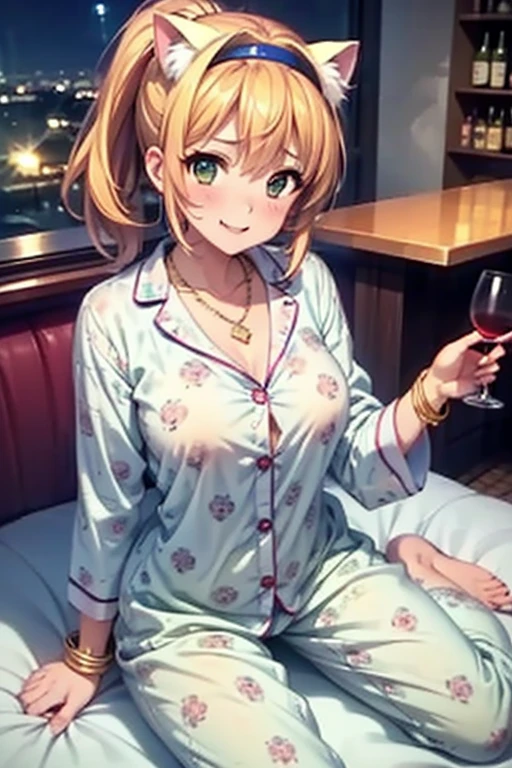 Wearing headphones　A woman holding a beer in one hand　Anime Style　Beauty　Japanese　Round Glasses　pajamas　Loungewear　Sitting in a chair