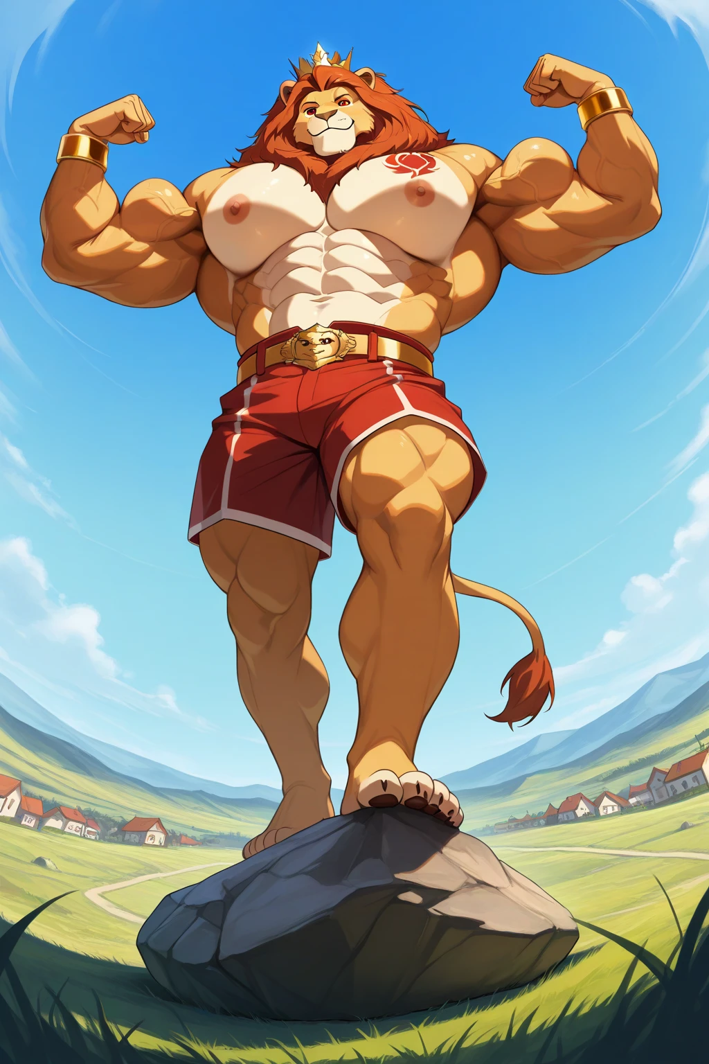 A photorealistic image of the Beast from the movie Beauty and the Beast, super muscular giant, with muscular arms, broad shoulders, giant and toned physique, bursting muscular veins, blue eyes, tail, super furry brown fur, backward facing horns, with veins jumping, barefoot, 50 meter tall supergiant in the center of a city, lifting an extremely heavy weight bar, Lora:, full height. 4K, high resolution, best quality, (strong pecs, defined muscles, muscular shoulders), correct anatomy, (by Wfa:1.0), (by Takemoto Arashi:1.0), (by Taran Fiddler:0.5), sensual, (red shorts , topless), sensual shadows, slender posture, open mouth, exposed tongue, open eyes:1, detailed eyes