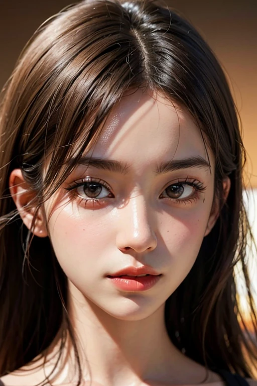 One Girl,Very cute girl at 15 years old,Big eyes,The face is facing straight ahead,Body facing forward,Beautiful nose,Fuller lips,Short black hair,ponytail,Detailed eyelashes,Thin eyebrows,Symmetrical eyes,Face close-up,White swimsuit,Portrait,View Viewer