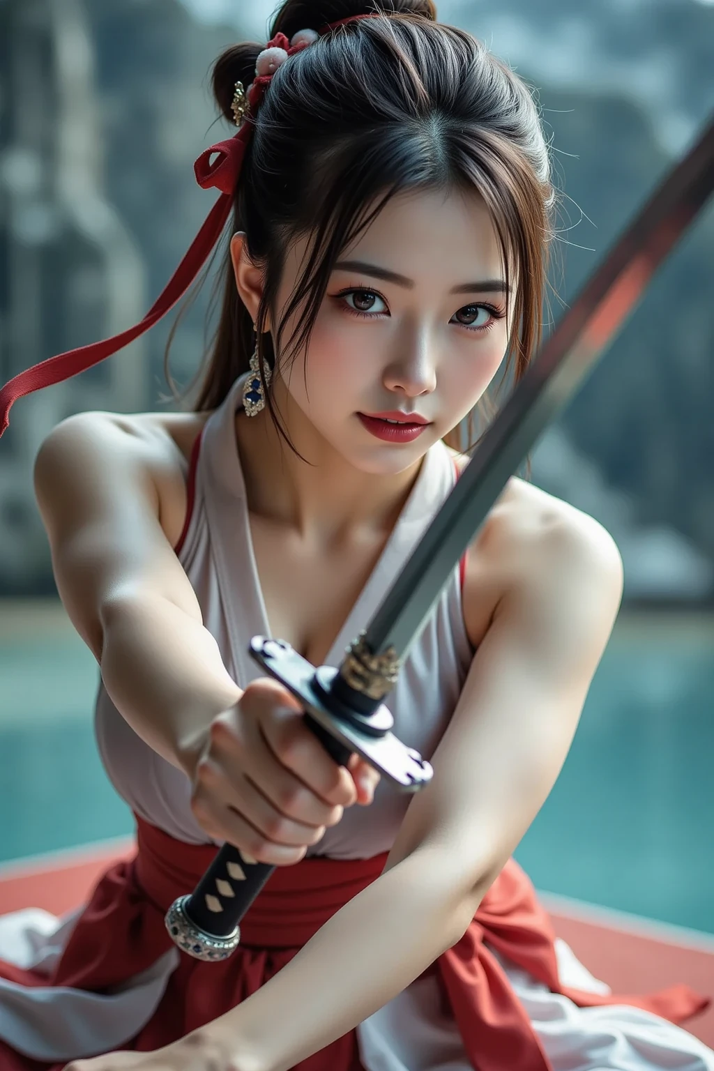 a girl with a katana in her hands, (((insanely beautiful))), (((european girl))), macro photography, cybernetic, improved quality, photorealistic, cyberpunk 2077, detailed facial features, multicolored eyes, long eyelashes, make-up, close-up, hyper facial detail, (((green eyes))), (((light hair))) conscious gaze, professional photo, 4k, high resolution, high detail, 30mm lens, 1/250s, f/2.8, ISO 1