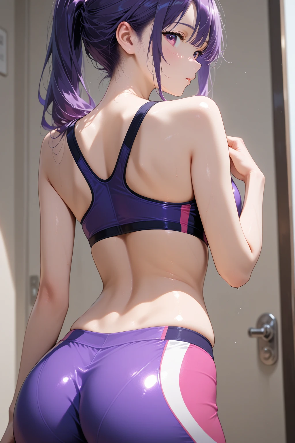 1girl, ass, breasts, swimsuit, large breasts, long hair, blurry, one-piece swimsuit, solo, ponytail, purple eyes, tying hair, bangs, looking at viewer, blush, ass, big ass, thighs, thighhighs, high school background, from behind, looking back, purple hair, highleg, arms up, tile wall, tiles, depth of field, highleg swimsuit, indoors, sidelocks, white and blue swimsuit, black choker