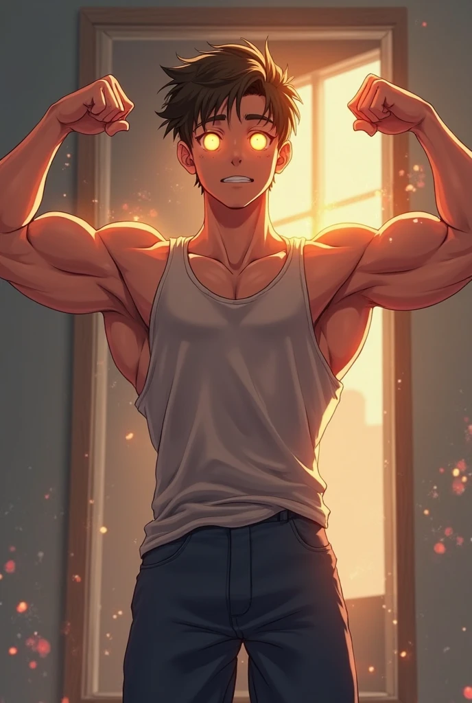 Make make me a anime handsome and cute men using muscle stimulator with electric pads on his abs ,chest and bicep looking confident and while masturbating 