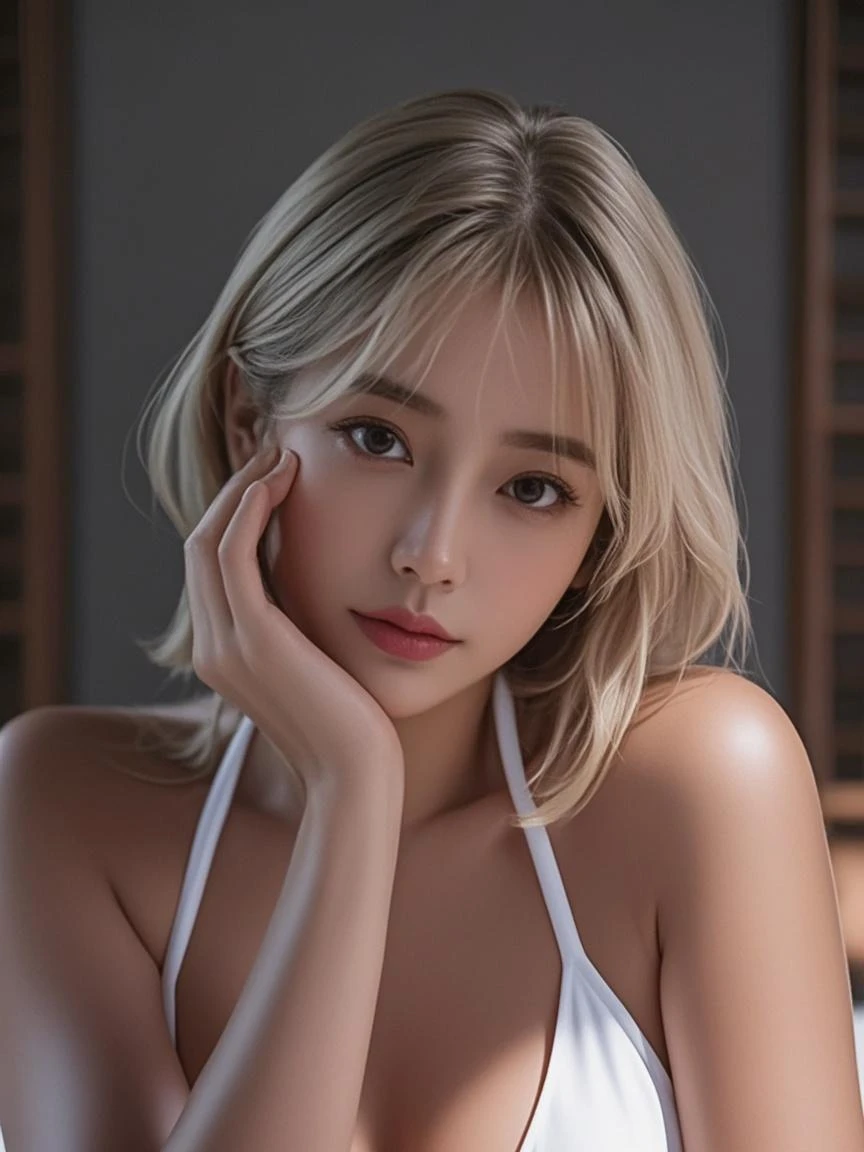 (Highest quality, 4K, 8k, High resolution, masterpiece:1.2), Very detailed, (Realistic, photoRealistic, photo-Realistic:1.37)、room、Completely naked、closed your eyes,、Half-open mouth、Female masturbation、Japanese、Big Breasts、Blonde with a black choker、(Hairstyle:random),Shiny skin caused by lotion、Oily skin、Sweaty skin、((Full body photography))