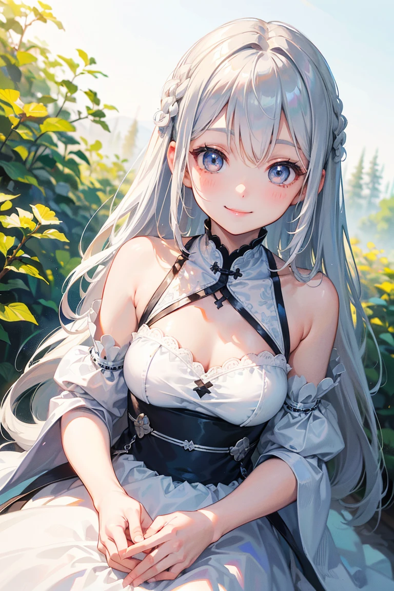 best quality, super fine, 16k, incredibly absurdres, extremely detailed, beautiful woman, white-silver straight hair, bangs, long white bushy eyelashes, slender, tight long black dress with lace, black eyes, located on top of a lush green hill, fantastic and mysterious, sunlight shining through, iridescent fluffy pastel color image style