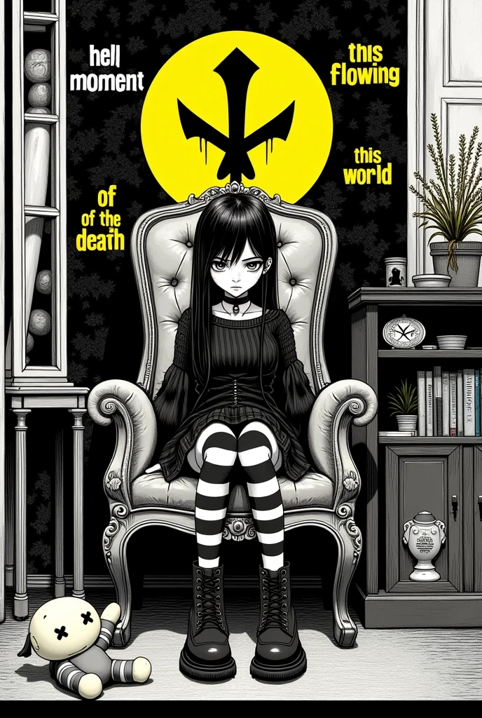 Black Hair、Black Feather、Gothic Punk、sit on a chair, cross one's legs、Throne、tears,anime zombie witch design, crossbones, skulls, street wear design, pro vector, Horror style, full design, 6 colors only, solid colors, no shadows, full design, sticker, bright colors, white background.super fine illustration,(((beautiful fine hair))),(((beautiful fine face))),(((beautiful fine background))),(((beautiful fine hair))),(((beautiful fine face))),(((beautiful fine background)))、Black Hair、blunt bangs