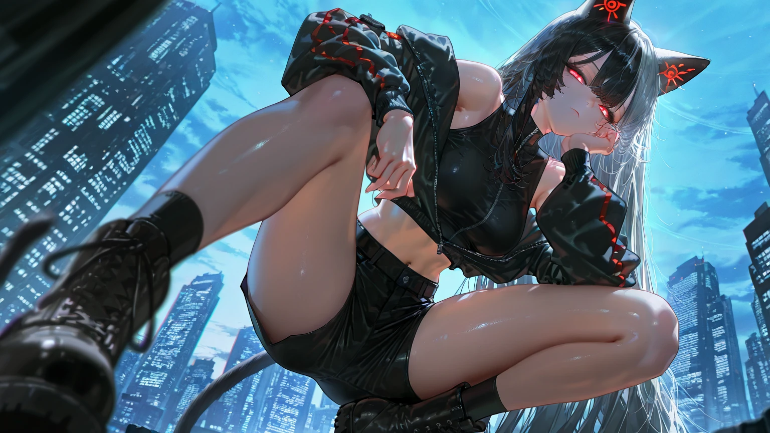 ((Best quality))((realistic))((full body))((face detail))A girl. Short black hair.spider girl . sitting on roof. Wind