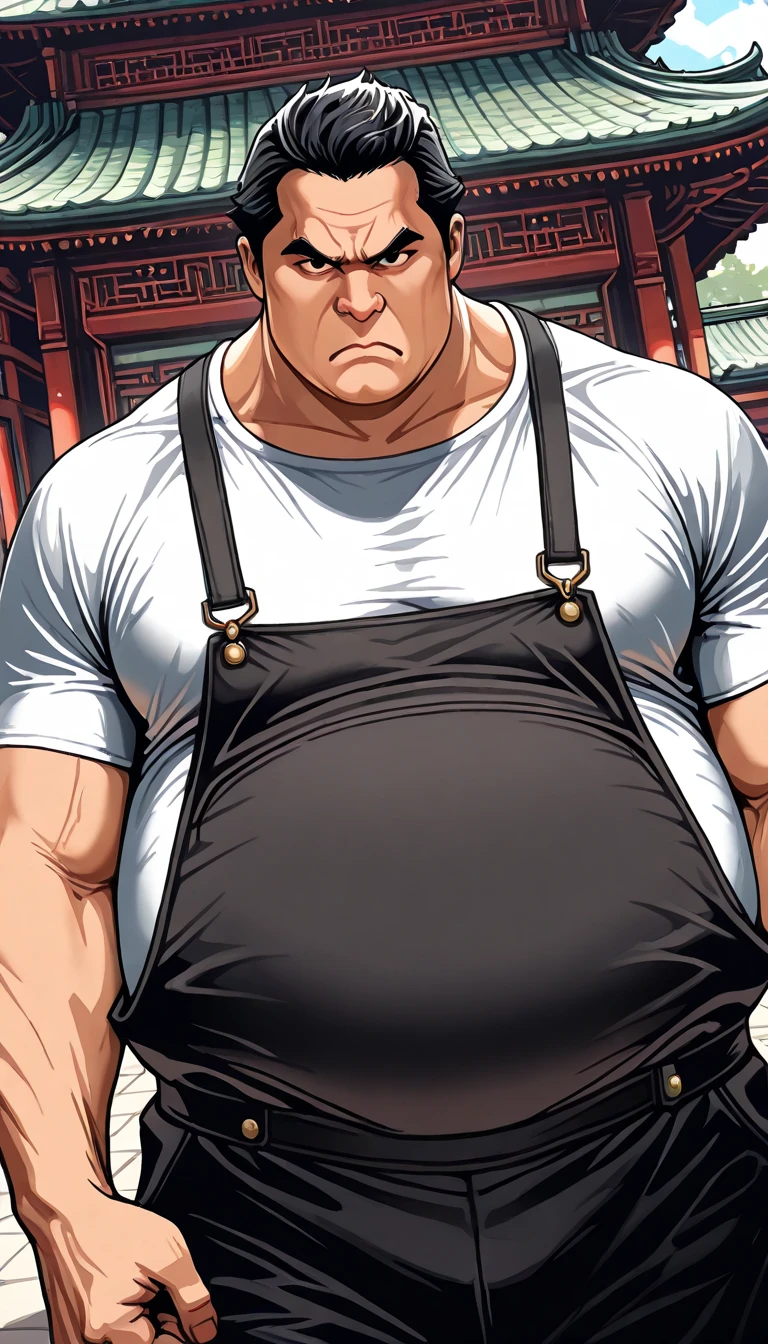 HD quality, fat man, dirty skin, sweating, tank top, jeans, factory,