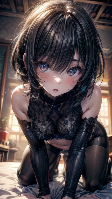masterpiece, highly detailed, highest quality, high resolution, super precise, (1 girl), plain crop Tee-shirt with heart shaped boob window, plain sheer colored waist high pantyhose,, flawless skin, inky black dark violet hair, pixie cut hairstyle, sharp facial features, young 16 year old teenager, sharp facial features, high bridged nose, medium height(178cm), cowboy shot, slender and slim body with ample curves, velvet colored eyes, (no lingerie), (no panties)