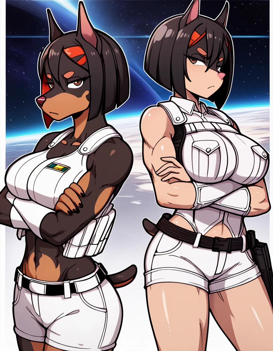 2 girls, girl racers, dark skinned with tanlines, topless, formula one race paddock, small breasts, fat ass, bubble booty, boots, covered in cum, covered in money, high quality resolution, very high quality, beautiful anime eyes, comparing asses, leaning against racecar, smiling
