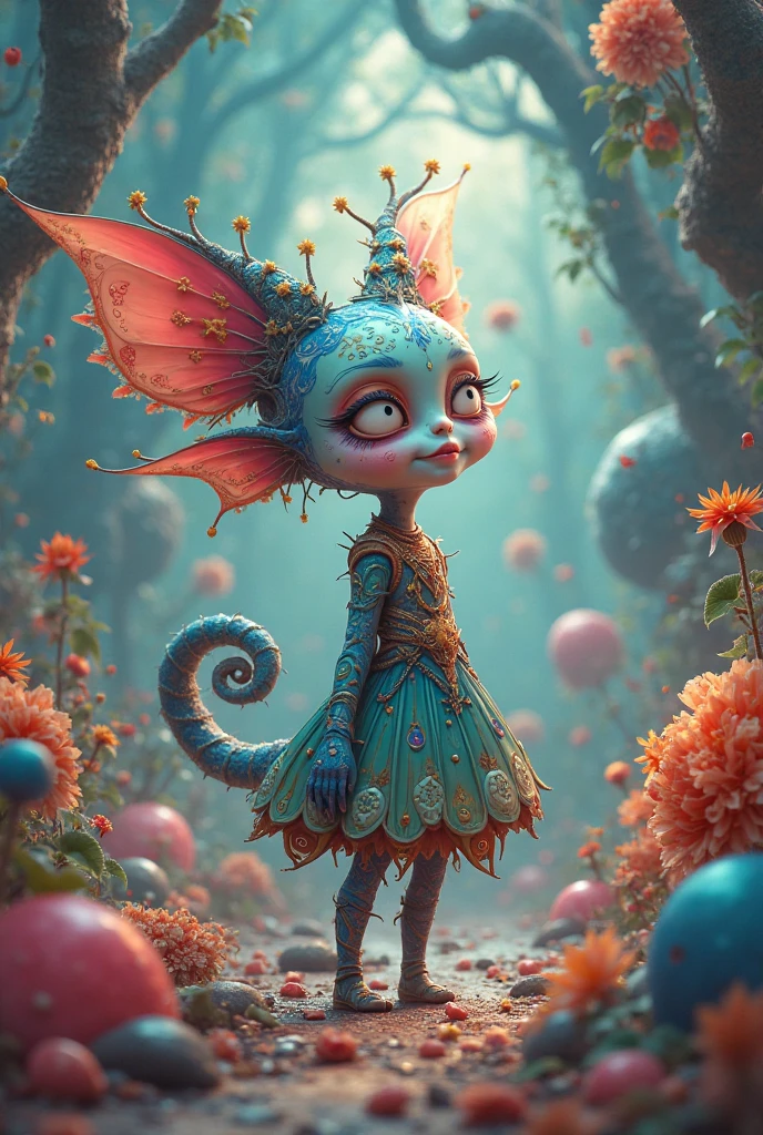 (best quality: 1.4), (masterpiece: 1.2), detailed, complex, high resolution, iridescent colors, A charming and fascinating creature with otherworldly forms that blend the best aspects of the monster human form and the innocent charm of a precocious child, scales, wings, blue, texture, complex, gorgeous, 3D, highly detailed, decorative style, Tim Burton, Dale Chihuly, Bruce Zheng, Cyril Rolando, H. R. Giger $plastic$ Grid: Real Lenoid afremov style, wet, fire