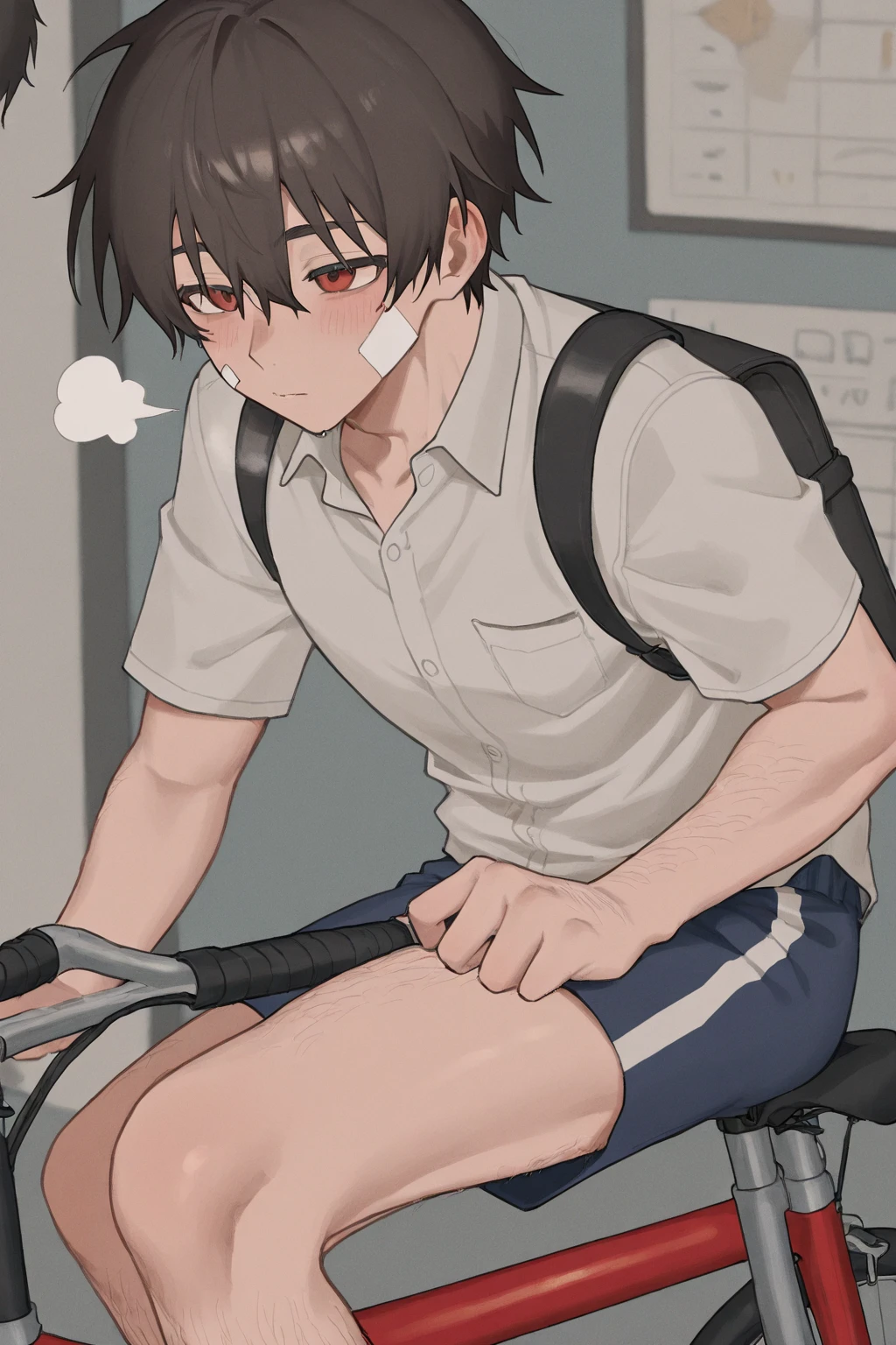 ultra-detailed, masterpiece, best quality, highres, nsfw, extremely detailed, (solo shoot:1.5), 1boy is lean guy, seductively posing on all fours, looking up flirtatiously, crawling, drunk, desperation, (restrained:1.5), shackles, handcuffs, short hair, work clothes, open clothes, bottomless, torn clothes, penis, (((excessive cum))), (cum on body:1.5), bus stop,