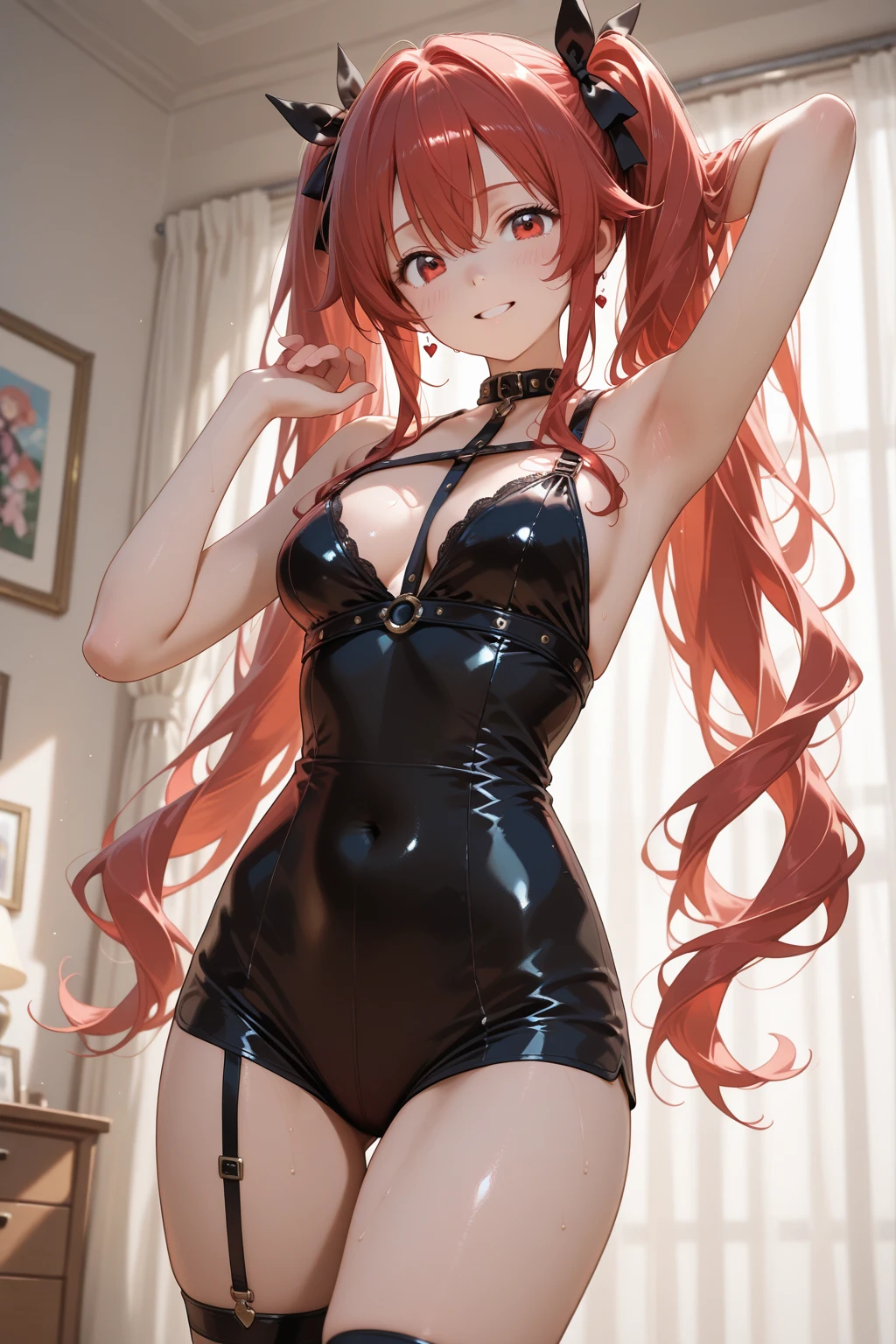 1 woman, (((((UHD))))), (((((masterpiece))))), ((((super detail)))), high details, ((((high quality)))), ((((best quality)))), (((highres))), ((((16k)))), ((Shadows)), red hair, hair over shoulder, side swept bangs, (Black Sleeveless Lace Up Bodycon Mini Dress), heart-shaped pupils, one eye closed, sparkling eyes, ((big beautiful light blue eyes)), crystal earrings, grin, bright pupils, (evil smile), natural lips, light blush, cheek-to-cheek, sparkle, god rays, backlighting, reflection light, bloom, dutch angle, perspective, from above, from behind, beautiful ass, ((fat ass)), ((defined jawline))