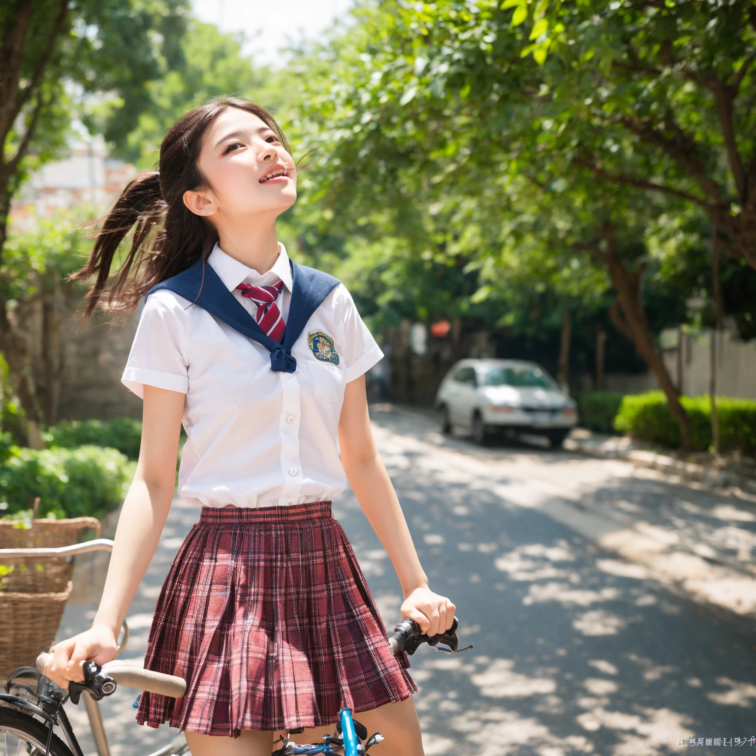 Their 2 Indonesian children consist of a boy wearing glasses and a girl,they wore Indonesian school uniforms with white tops with red ties and red bottoms,wearing a backpack,together on a bicycle with the girl sitting behind,in the elementary school yard, photo, fashion