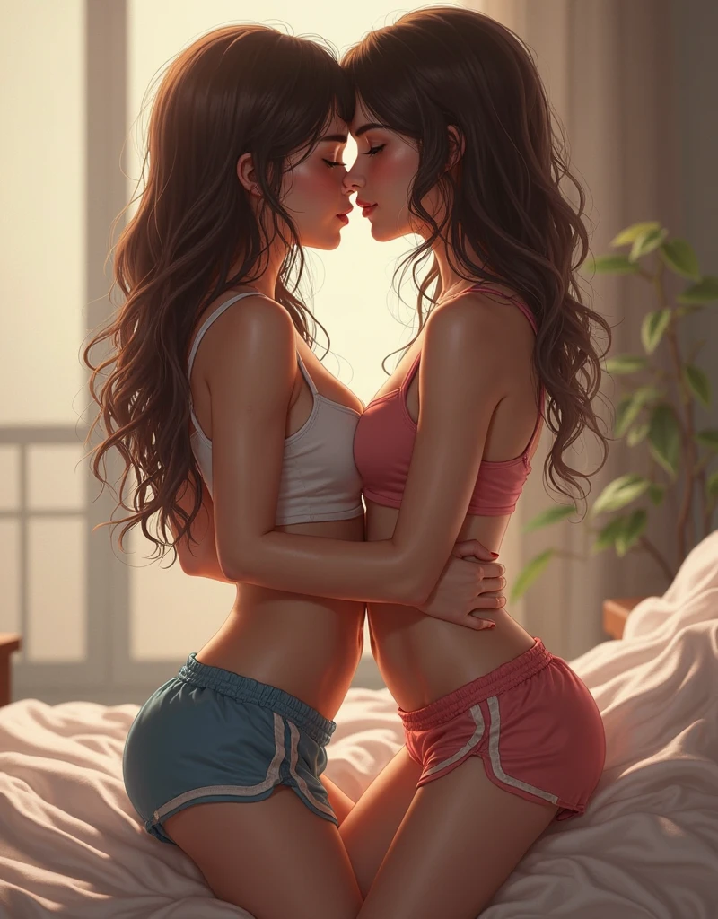 A girl in bikini in house kitchen and a boy her pressing boobs