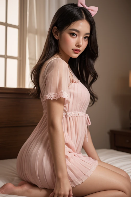 best qualtiy,tmasterpiece,A high resolution,1girll,Printed slip nightdress,Slip nightdress,Slip nightdress,hair adornments,choker necklace,jewely,beautiful face,Red high-gloss lipstick,Physically,Sitting on the bedside,sitted,Dingdall effect,realisticlying,Dark Studio,edge lit,twotonelighting,(highdetailskin:1.2),8K Ultra HD, Digital SLR, softlighting, high high quality, volumettic light, sneak shot, photore, A high resolution, 4K, 8K, Background bokeh,