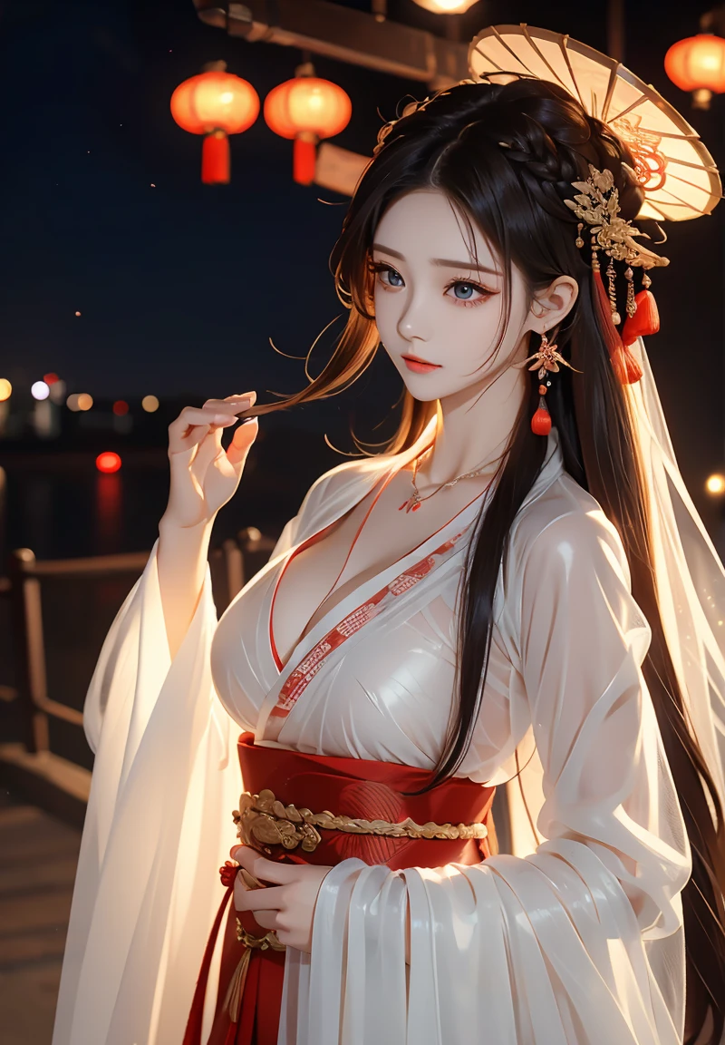 (8k, RAW photo:1.2), best quality, ultra high res,dramatic angle,(fluttered detailed color splashs), (illustration),(((1 girl))),(long hair),(rain:0.9), (Headdress:1.4),There is an ancient palace beside the girl,Hanfu,(Key Points),Color ink painting,(Splash of Color),Splash of Color,(((colorful))),(sketch:0.8) , Masterpiece, best quality, beautiful painted, highly detailed,(denoising:0.6),[splash ink],((ink refraction)), (beautiful detailed sky),moon,highly,detaild,(masterpiece, best quality, extremely detailed） CG Unity 8k Wallpaper，masterpiece，best quality，Ultra Detailed），（Lycoris）. hanfu open v open V-chested clothes Thin silk lace dress , (huge ，cleavage),, white pink and gren，best qualtiy，tmasterpiece，Ultra-high resolution，（Reality：1.4），RAW photogr，（True skin texture：1.3），（filmgrain：1.3），（Selfie angle），1个Giant Breast Girl，Beautiful eye and face details，tmasterpiece，Best quality at best，，The chest more exposed， detailed hair, bra pink lotus , detail 8k, upper body, lace petticoat