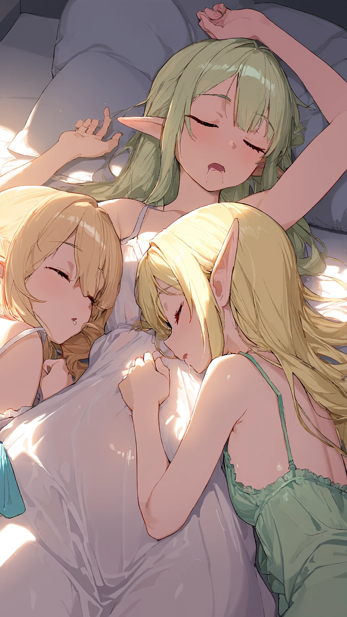 score_9, score_8_up, score_7_up, boring_sdxl_v1, Expressiveh, armpit hair, hairy armpits, armpit hair peek, hairy armpit peek, blush, blonde hair, blonde armpit hair, very hairy armpits, excessive armpit hair, sweat, smell, steaming body, steam, steamy, sweating, breath, heavy breathing, shiny skin, elf, elf princess, blonde hair, pointy ears, white stockings, white elbow gloves, bedroom background, window, bed, bed canopy, backlighting, long hair, bangs, choker, tiara, looking at viewer, motion lines, 2girls, armpit licking, ffm threesome, licking armpit, girl sandwich, shimaidon, sisters, hearts, spoken heart