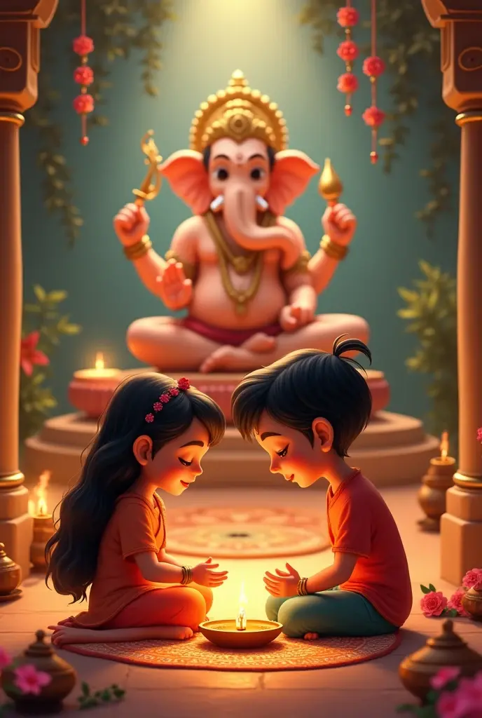 Want to create a rakshabandhan post for sister name nakshatra and my name mayuresh siiting for aarti on floor background having statue of ganesh god
