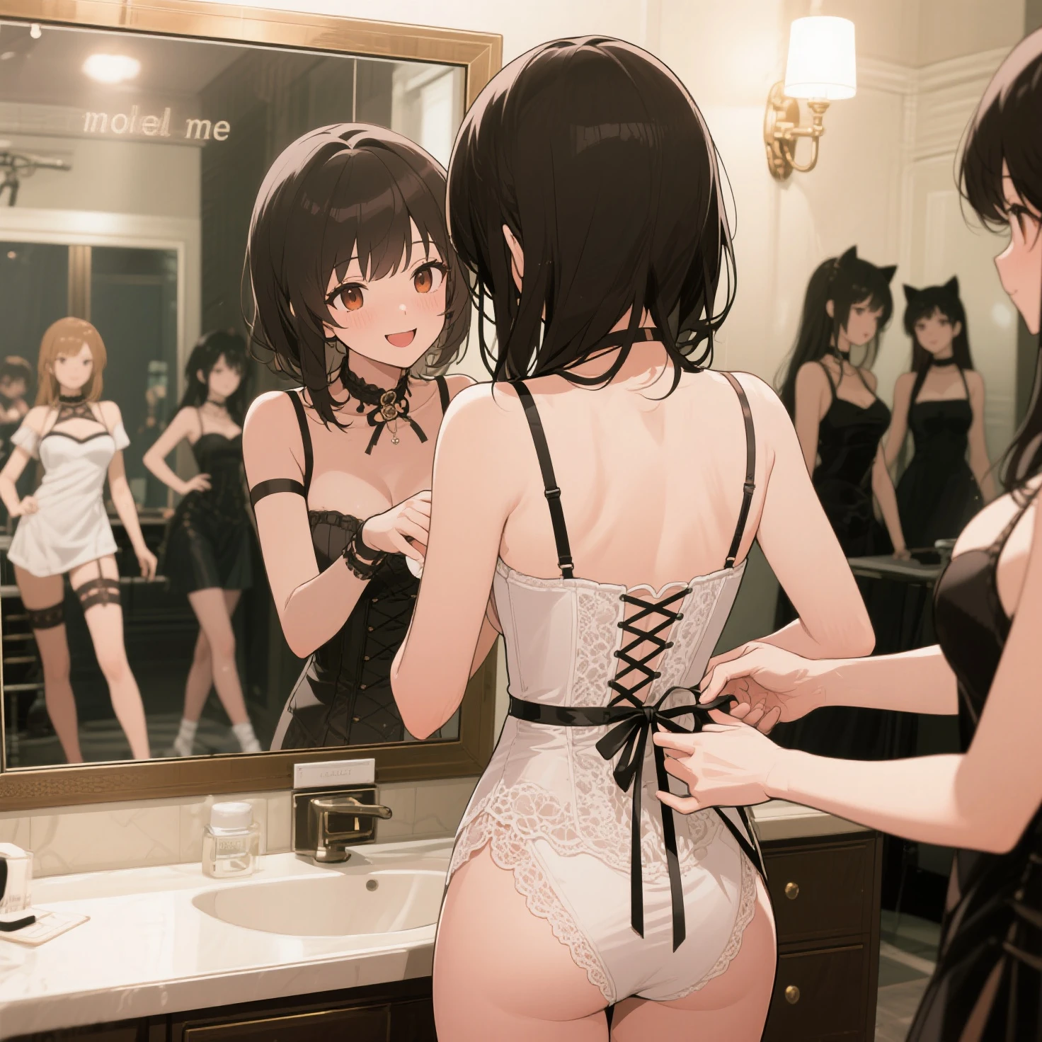 ?????、Changing clothes、kawaii、Woman、Colossal tits、bra very、show through、a navel、animesque、masterpiece、high-level image quality、poneyTail、A dark-haired、18year old、dress room、gym、come off、perspiring、Wet --auto
