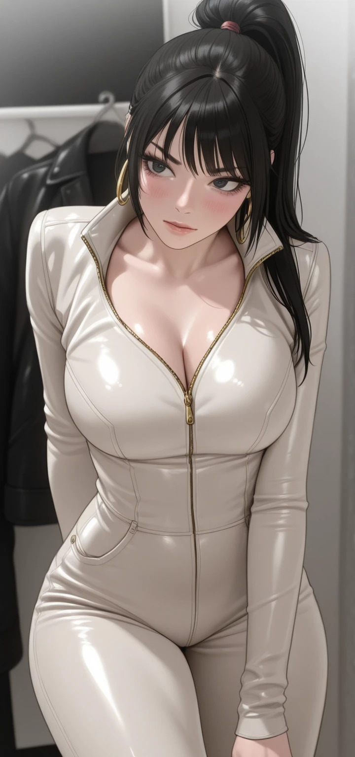 (best quality:1.5, highres, UHD, 4K, detailed lighting, shaders), black floral haired, gradient hair, large breasts, suit, black shirt, black social shirt, black short skirt, mature woman , (pov), white background, colorful eyeshadow, dramatic lighting, sparkling eyes, sensual expression, golden earrings, flowing hair, delicate facial features, soft skinned, high cheekbones, urban setting, white background, dont look for the camera, lean forward,
