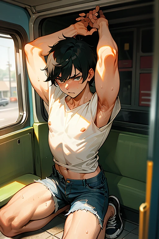 Realistic、Cute handsome man、Idol face、、Japanese、Slim body、Mash Hair、Torn and open shirt、Six-pack、A crowded train、Red Boxer Briefs、The old man next door puts his hand inside his briefs、Being touched all over the body、Old man grabs bulge in boxer briefs、Touched by the old man next door、Frightened expression