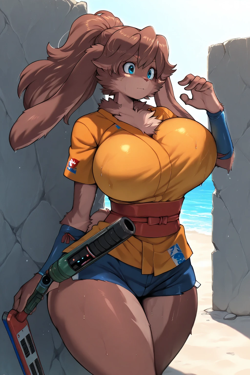 <lora:mrpotatoparty:.6>, mrpotatoparty, 1girl, solo, breasts, <lora:Loba:.5>, loba (apex legends), outdoors, orange sky, pants, city, skyscraper, rooftop, thick thighs, cleavage,