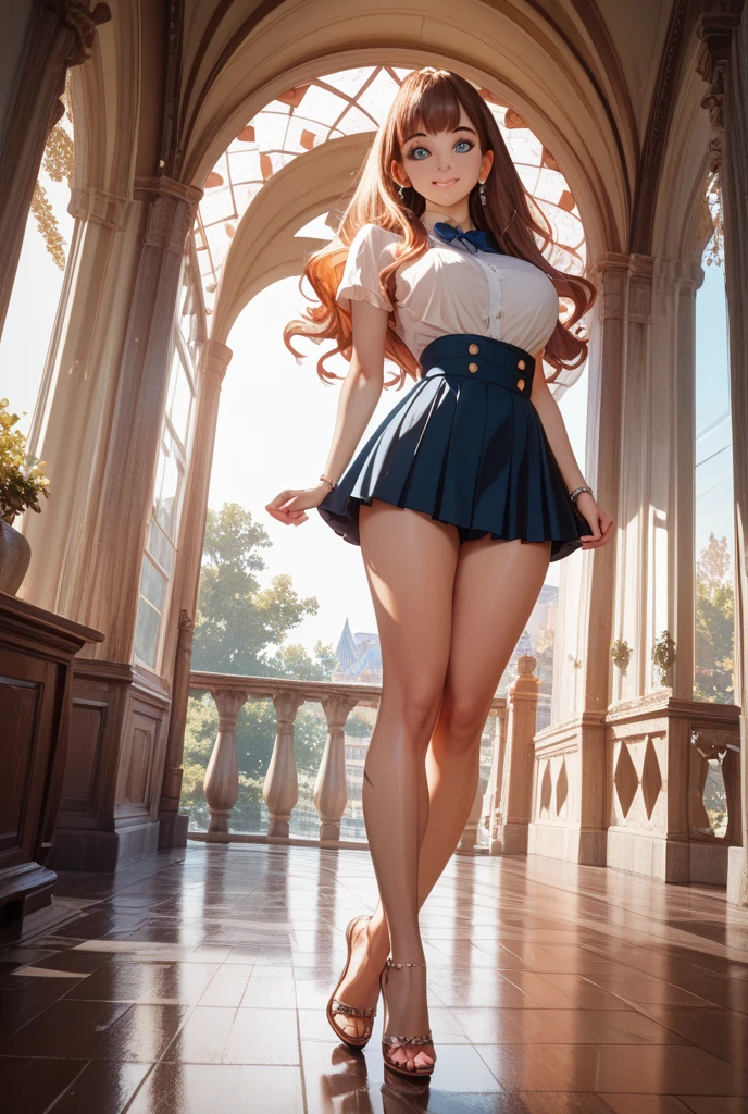 (masterpiece, highest quality, High resolution, 超High resolution, Perfect Pixel, Written boundary depth, 8k, About RTTX10.0), (One Woman:1.3), Cinema Lighting, Best Shadow, The best natural light, Cinematic, ((Smooth texture:0.75, Realistic texture:0.5, Anime CG Style)), Beautiful Anime Women, Beautiful art style, Anime characters, (One Womanは両足を閉じてかわいくジャンプしている), ((Detailed face:1.2)), (Brown Hair, Side Ponytail), Beautiful breasts, Slender body,Beautiful thighs, (Brown cardigan, White shirt, Checked skirt, Navy blue socks, Red ribbon at collar:1.2), (Her skirt flipped up from the force of her jump:1.3), (A perfect skirt of uniform length:1.4), (Pink side-tie satin panties with white lace decoration on pink fabric:1.3), (smile), (The square in front of Cinderella Castle, Disneyland, Many people々:1.3), Manga Design