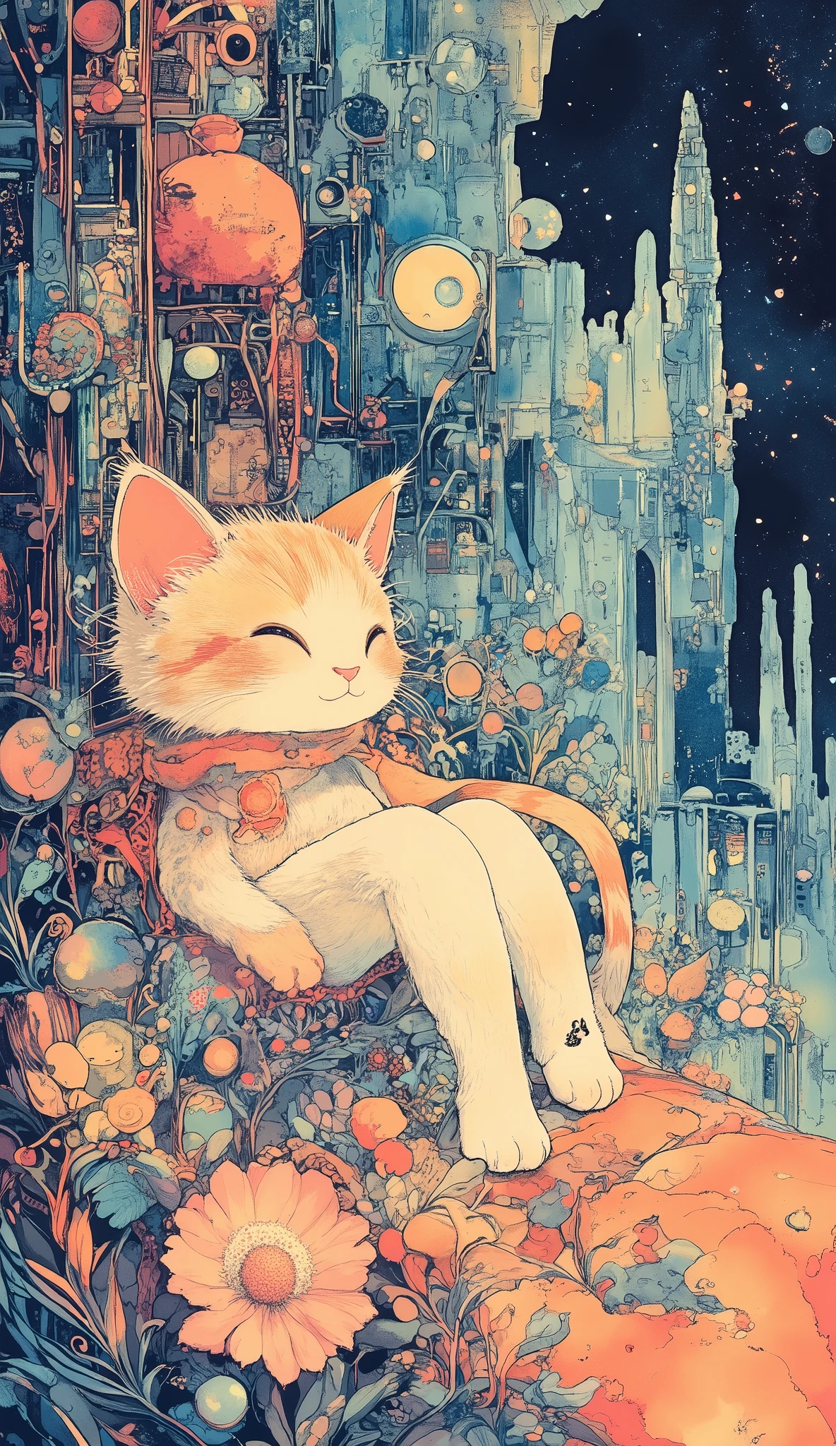 Dark Miyazaki anime fairy tale, pattern 1、A cat wearing a、easy-going cartoon-style cat、intricate art on large cloth、Juanelle_ manga