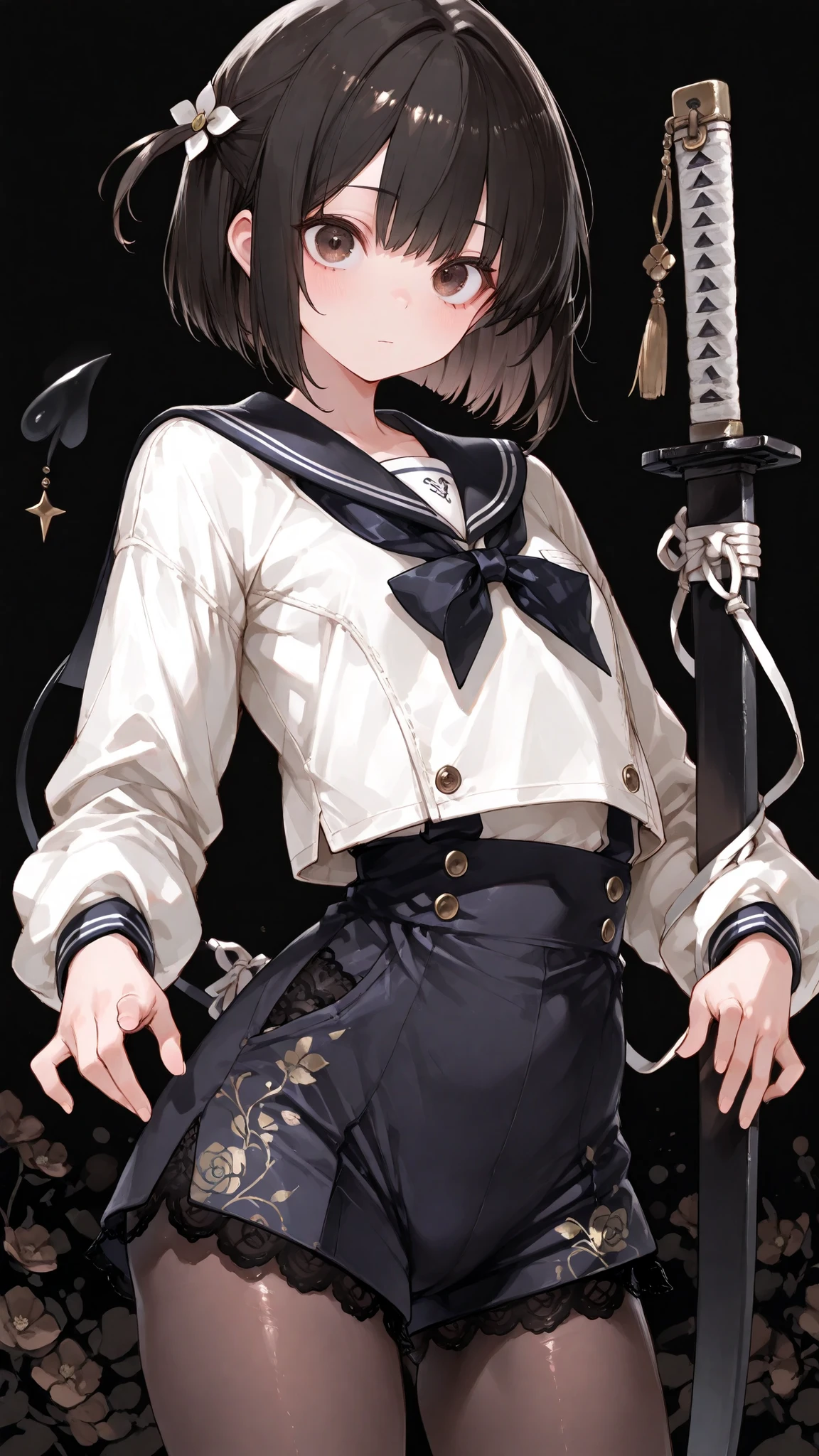 Shelley Gee, (masterpiece, top quality, High precision in selection: 1.2), , Alone, dark brown eyes,     、lace fabric、black hair、pantyhose  、Slightly Short Bob、 １35 cm 、elementary school student、cute face、Like々Funny Face、 Upward corner 、hair accessories、          Japanese sword、     Exquisite face、Delicate Hair、lace pattern、 Overall Bright Color 、double eyelid、big eyes 、flat chest,    Floral Shorts    、The front hem、thin waist、black hair background、Black background、dark brown eyes、Long Crotch、empty space、Moving Pose  、side tail 、   Japanese sword、 long black sailor suit top、white shirt
