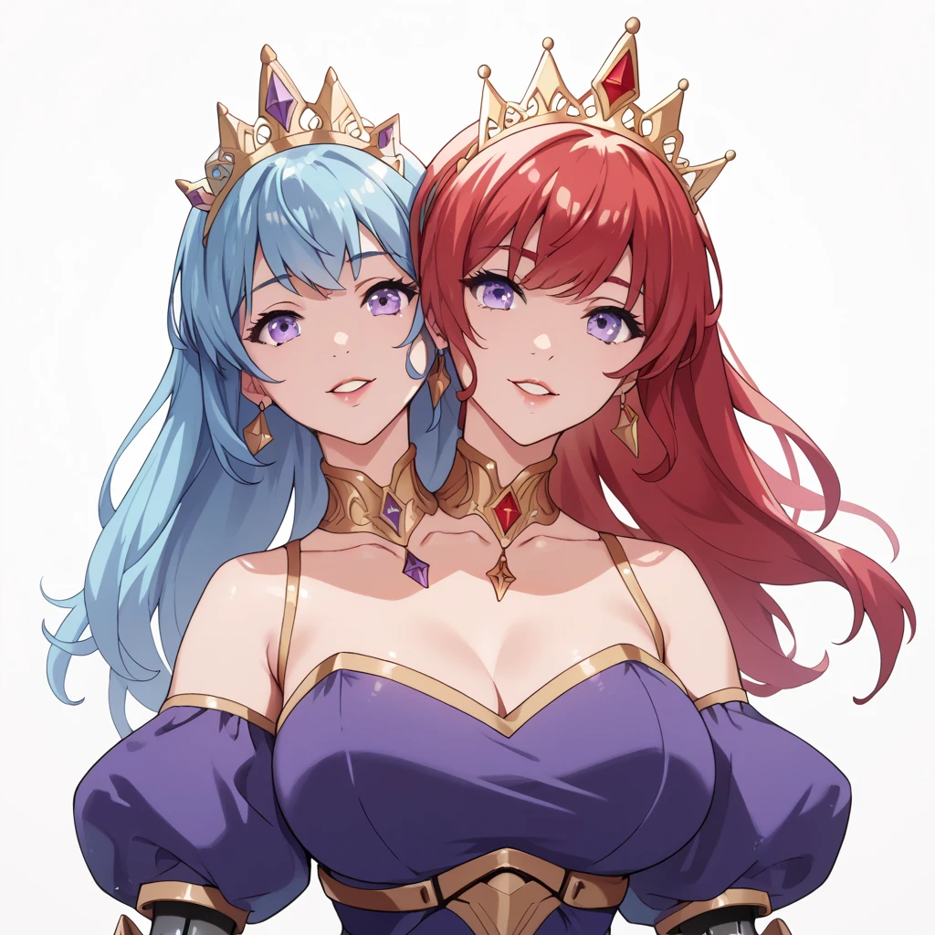 anime artstyle,((((A Middle-aged queen and a teenage princess with different hair colors)))),((absurdly long Straight hair,Red Eyes)),(((beautiful embroidery and jeweled gorgeous rococo ballgown with voluminous full length crinoline hoop skirt))),(((absurdly gigantic tits,curvy))),deep cleavage,Skindentation,((detailed face and eyes)),extremely gorgeous hair ornament,((extremely gorgeous big tiara)),luxurious jewelry,((beautiful embroidery and jeweled gorgeous rococo ballgown with voluminous full length crinoline hoop skirt)),(((absurdly gigantic tits))),gorgeous palace,((standing pose)),couple focus,((((Arrogant smile))))