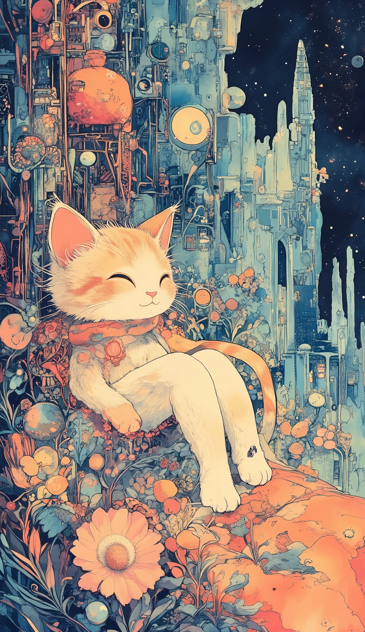 Dark Miyazaki anime fairy tale, pattern 1、A cat wearing a、easy-going cartoon-style cat、intricate art on large cloth、Juanelle_ manga