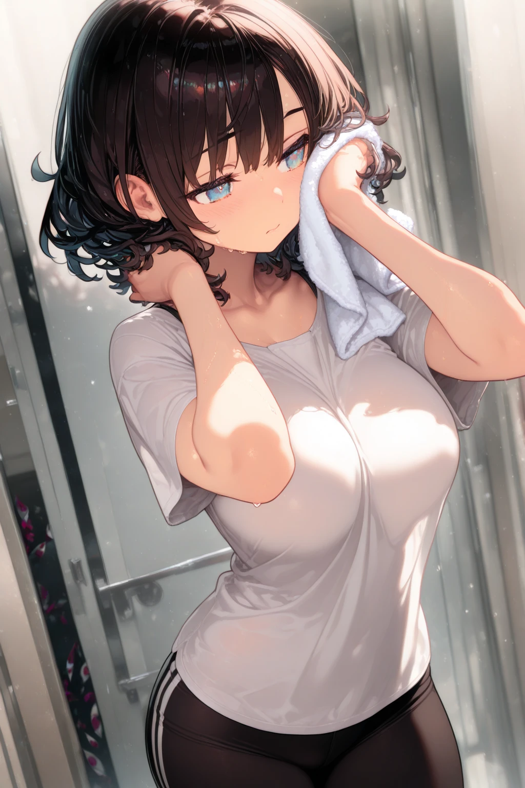 Highest quality、masterpiece、beautiful、detailed、Year: 12、Elementary school girl with black hair、locker room、Dynamic pose、Angle from below、smile、Slim figure、(Clothes that stick to your skin due to sweat:1)、covered erectile nipples、camisole、Striped underwear、Changing clothes