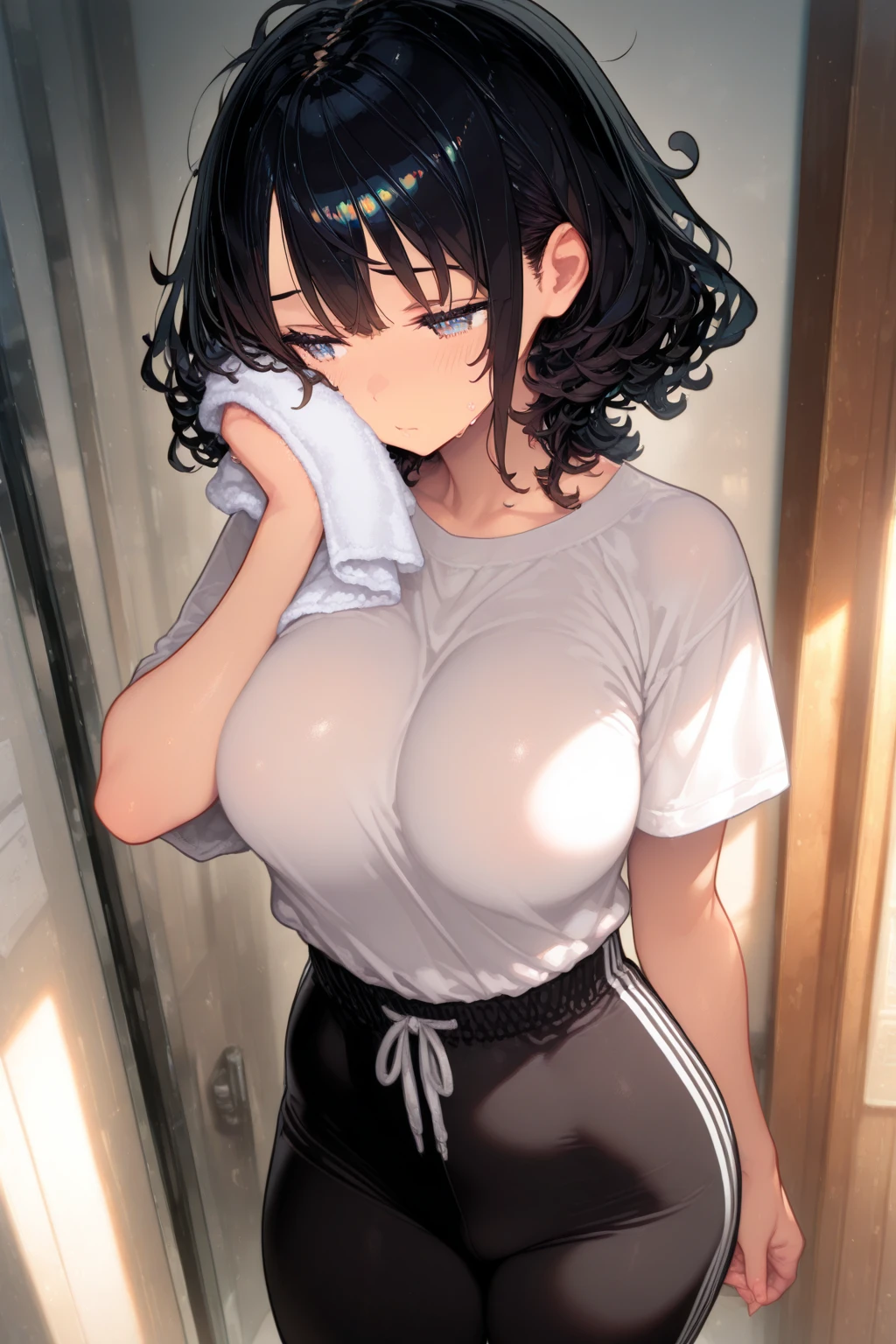 Anime drawing with vivid colors Tall woman:1.9 Big breasts, sweat, white tennis wear, mini skirt, flushed cheeks, daytime:1.3 Apartment bedroom, white sheets, short black hair, ponytail:1.9 Straight hair, bangs swept to the side:1.9. Slanted eyes, brown eyes, tall, strong-willed, beautiful