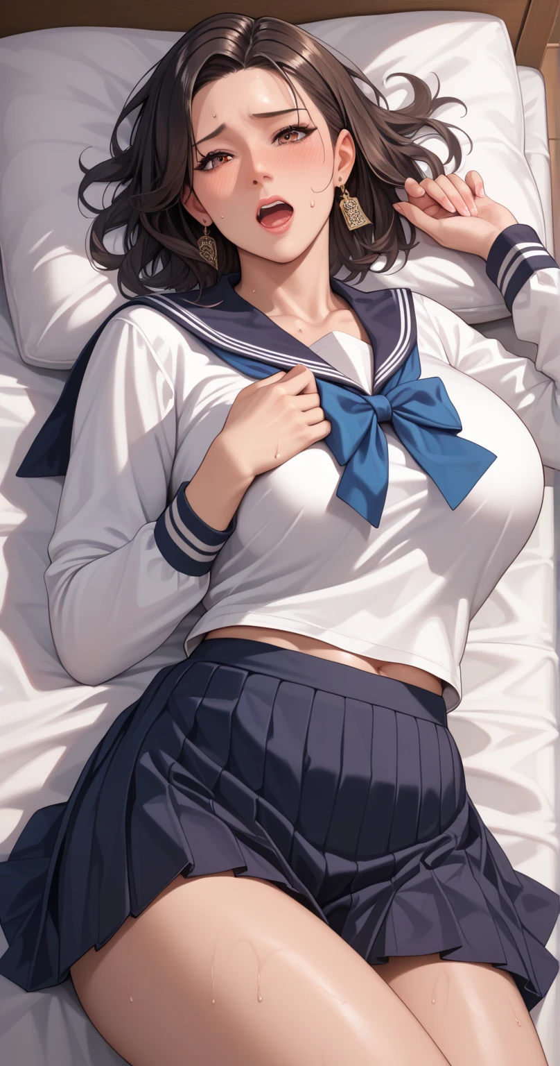 (highest quality:1.4)、ultra high resolution、detailed background、masterpiece、Anatomically correctNew、(Detailed beauty new face:1.4)、cute teenage girl、brown hair、braided bob、braided ponytail、(huge breasts:1.2)、realistic、perfect body line、Attractive big buttocks、cute gesture、first time々New、
sexy sailor suit、white sailor collar、plaid pleated mini skirt、white knee high socks、petticoat、panties、No bra、In the classroom、
Skirt underneath, Skirt underneath (close-up underwear from below), from below, Are standing, butt focus, cold eyes, sexual expression、underboob、panty shot、cameltoe