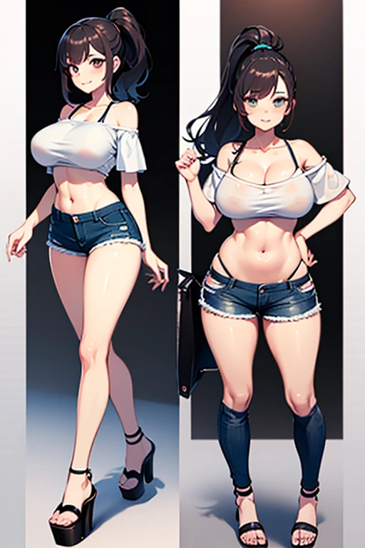 best quality, 1girl, masterpiece ultra detailed, illustration, glossy lips, indoors, standing, big breasts, (((very short denim shorts))), micro shorts, (black latex crop top), light smile, view viewers from the front, tigh strap, underboob cleavage, presenting panties in her hand, bodycon shorts, (((full body)))