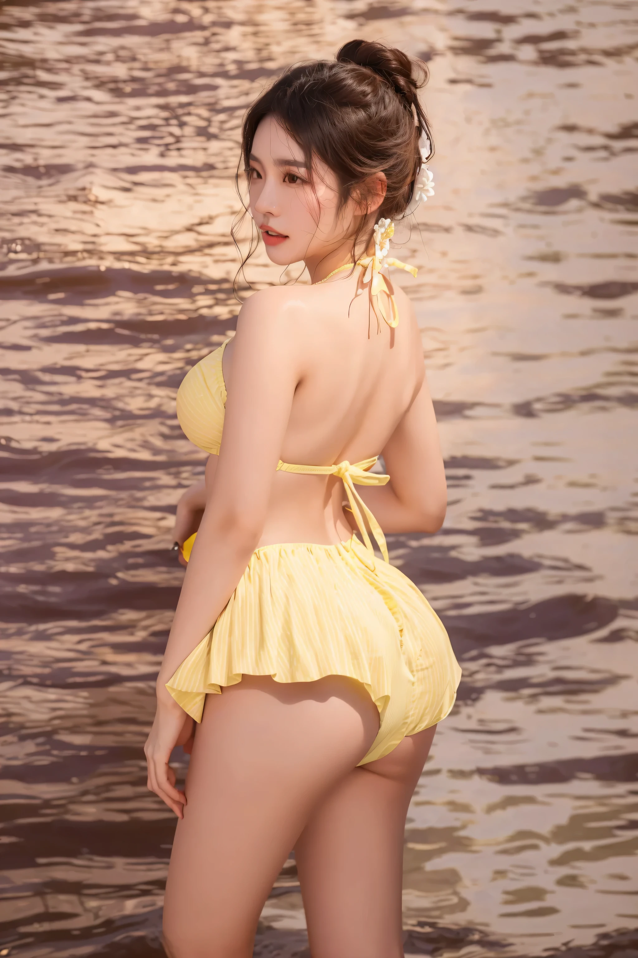 (Highest quality, Super detailed, High resolution, 8K images), ((Yellow thong)),((Yellow bra,Side bust,Underbust)),((Show me your)), ((Stick your butt out)),((Squat with legs apart)), Fine and beautiful eyes,Perfect Proportions,(Overflowing big),(whole bodyが映る後ろからのアングル), Very beautiful and cute girl,22 years old,(anime),Kamimei,alone,Symmetric,whole body