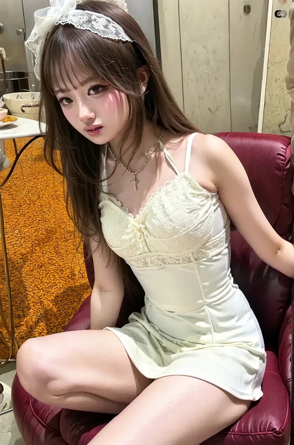 absurdres, masterpiece, best quality, high quality, 8k uhd, professional photo shoot,
beautiful, girl, cute, lovely, young, pure innocent, k-pop idol,
She was a young girl, only 16, with a slender figure.
She is very lovely, with a fair and smooth face.
Her pale pink long hair hangs over her shoulders, with air bangs on her forehead.
She was wearing a long white-based light gold floral renaissance dress with a lot of lace on the hem, like a princess's dress.
Her skin was as pale as porcelain.
She wears swarovski jewelry.
She is as delicate and beautiful as a doll.
Her legs are slender and straight, her round thighs are slender and white, and her calves are slender and white.
<lora:moeNori_v11:0.8>