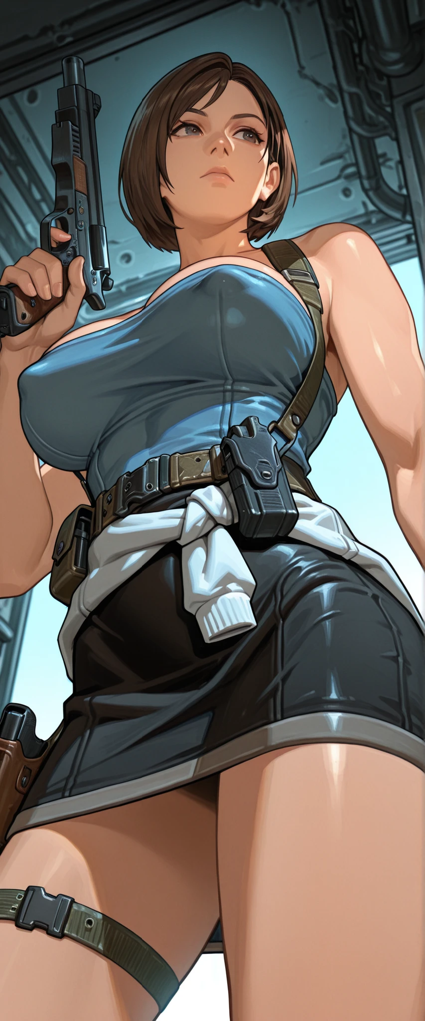 (solo:1.5), (big breasts, erect nipples), JVRE3, brown hair, bob cut, short hair, suspenders, belt pouch, blue top, tube top, pencil skirt, clothes around waist, gun holster, (guarded), (from below:1.4)