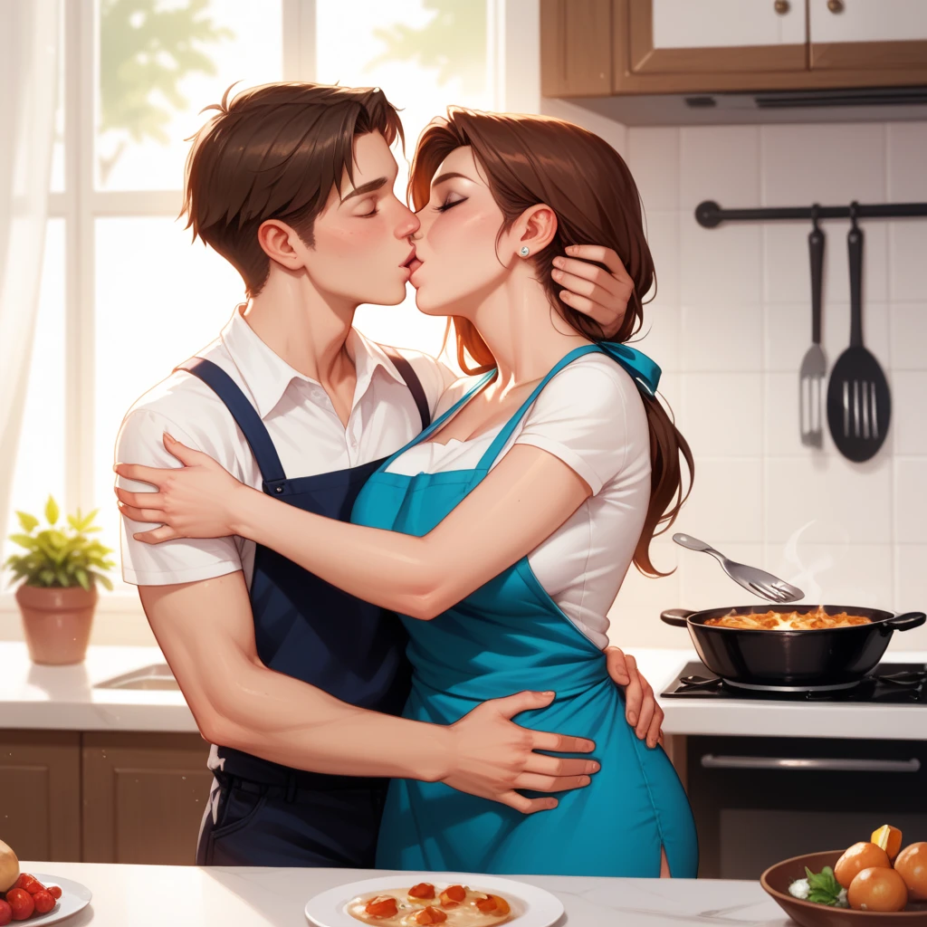 score_9, score_8_up, score_7_up, source_anime, 1boy, 1girl, mature female, mother and son, ???, hug, kiss, on a kitchen table, (flashing her bra)