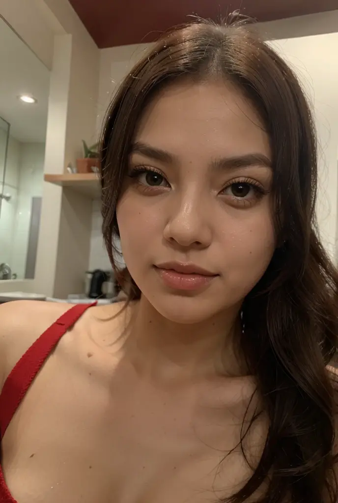 30 years old Hong Kong beautiful woman in room, nightwear, Camel toe, hyper realistic, realistic skin tone, realistic skin texture, symmetric face, asian pale skin tone, super wide angle photo, (closeup selfie from down below), very low contrast photo, black long hair