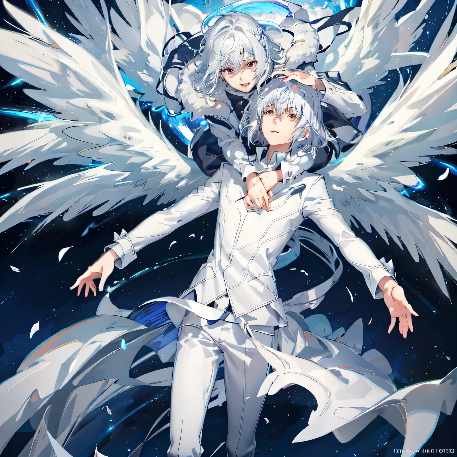 [Super beautiful CG]+, (Highly detailed CG)+, (Top quality)+, (Computer generated illustration)+, (alta resolución)+,[Extremely delicate and beautiful face]+,[extremely detailed skin]+, [Haidian vibrant colors]++, [Super detailed illustration], 
[masterpiece, shiny hair:1.1, hypershiny hair, 16k wallpaper]++, [alta resolución, best quality, ultra detailed, super fine illustration]+, [detalles intrincados,  Delicate and beautiful details , Super delicate rendering]+, [best shade, soft shadow, Beautiful shade ,  Beautiful Reflection ]+, [Soft reflection ,  natural reflection ]+,  
[depth of field]++,
[Ultra realistic style]+, anime couple hugging and kissing ,  Long red scarf  ,Man in formal attire wearing a white and platinum lab coat on top Male,Red Eyes, cabello largo color platino anime angel con alas y un halo por encima de la cabeza, Anime wallpapers , bíblico preciso angel , angelic, ,  glowing angelic being  , an angel, angelical, hd Anime wallpapers , night, angel,  ascension ,   big shiny white wings  , , angelic and perturbador  , The lilies, ethereal anime, angelic angel alas de angel, white-haired deity,   glowing angelic being  , Angelic halo, sacred halo, Un angel,   snowy anime background   ,   winner of the pixiv  , el angel de la muerte con un halo, Anime wallpapers, angelic and disturbing,  Halo orange around your head ,  ray of light through white hair, bright halo above his head,Man in formal attire wearing a white and platinum lab coat on top Male,Red Eyes, cabello largo color platino anime angel con alas y un halo por encima de la cabeza, Anime wallpapers , bíblico preciso angel , angelic, angel  glowing angelic being  ,  angel, angelical,  Anime wallpapers , night, angel,  ascension ,   big shiny white wings  , , angelic and pert
