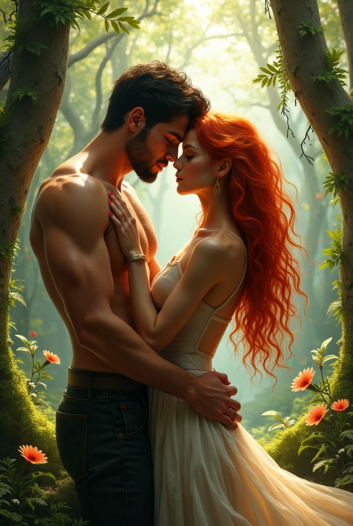 Adam and Eve together in the garden of Eden. Adam the man in his mid 20s, is a descendant of Aphrodite, ah inherited a certain beauty from him, The he looks very pale, with beautiful, slightly greenish hazel eyes, curly hair not so long, hazelnut brown but sometimes some reddish lights, the boy has a fit body, He is tall and very attractive, too handsome, He is and is in the garden of Eden, 32K UHD, extremely detailed, high definition, style raw and Eve in he garden of Eden, in a leaf attire, shoulders shown, beautiful woman with blue eyes, extremely detailed, High definition, 32K UHD, High resolution, Style Raw,