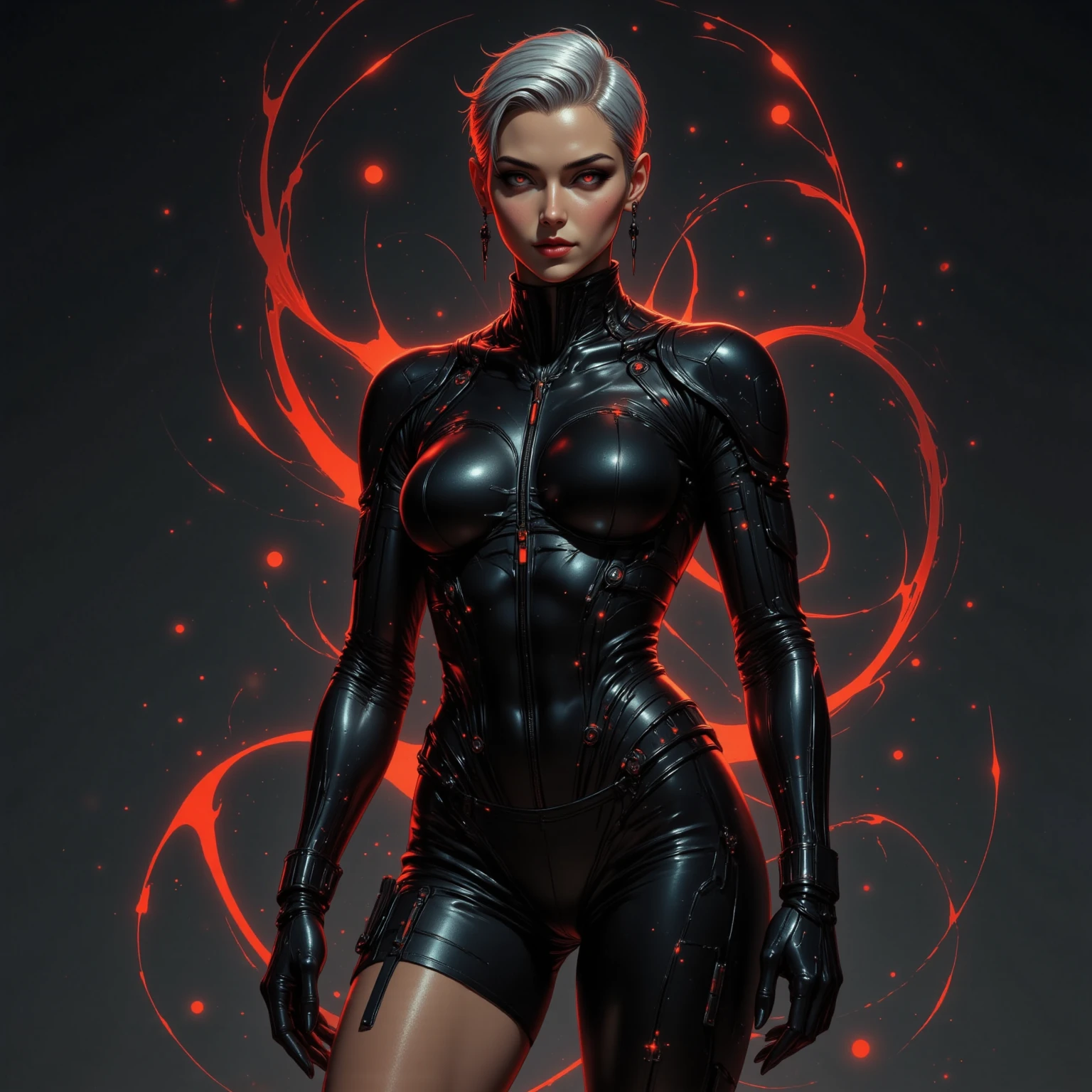 Black, ((Best quality)), ((masterpiece)), (detailed: 1.4), Female full-body fitness fighter pilot defined, bare half-thick thighs, muscular body parts covered by symbiote black sticky clothing, marvel venom ((large breasts)) , ((clothing and white)), pastel, long blonde hair with a bangs covering one eye, short underwear, garter belt, by mucha, niji, close to real, best quality, almost naked, psychopathic, crazy face, action pose, sexy pose, Harley Quinn, starry night background with big nebula in the sky,, imitating outfit, pointed shoulder pads, white eyes without pupils, HDR (High Dynamic Range),Ray Tracing, NVIDIA RTX,Super-Resolution,Unreal 5,Subsurface dispersion, PBR texture, Post-processing, Anisotropic filtering, Depth of field, Maximum clarity and sharpness, Multilayer textures, Albedo and specular maps, Surface shading, Accurate simulation of light-material interaction, Perfect proportions, Octane Render, Two-tone lighting, Wide aperture, Low ISO, White balance, Rule of thirds, 8K RAW, crysisnanosuit