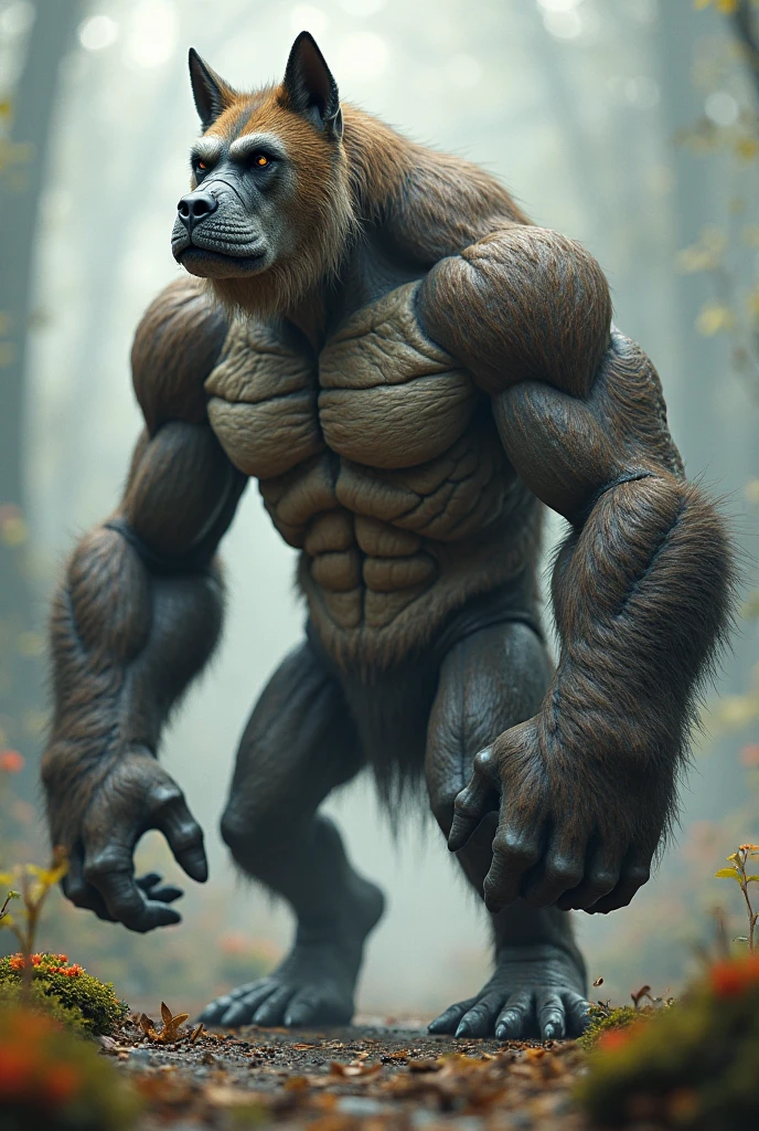 an agressive wombat humanoid creature with wombat autralian marsupial head standing up with red glowing eyes fight pose ultra realistic detailed 3d HD rtx jungle background big bodybuilding muscular body