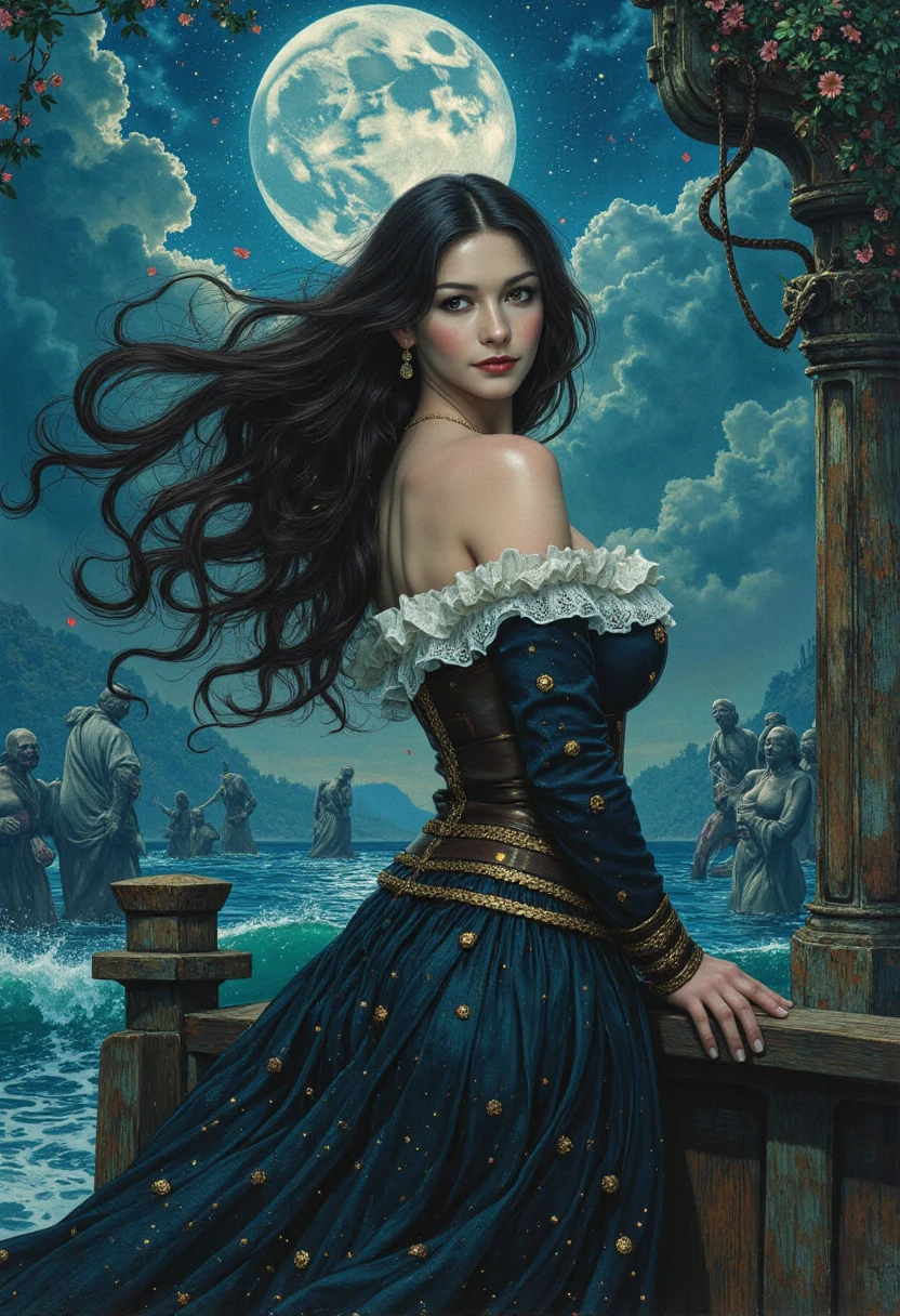 a beautiful girl, sorceress, lilac eyes, black hair, 24 years old, purple Ballgown Dress, ocean, storm, lightnings, dark clouds, tornado, burning pirate ship in the sea, super detail, high details, highres, best quality, anatomically correct, detailed face, perfect beautiful face, masterpiece, UHD