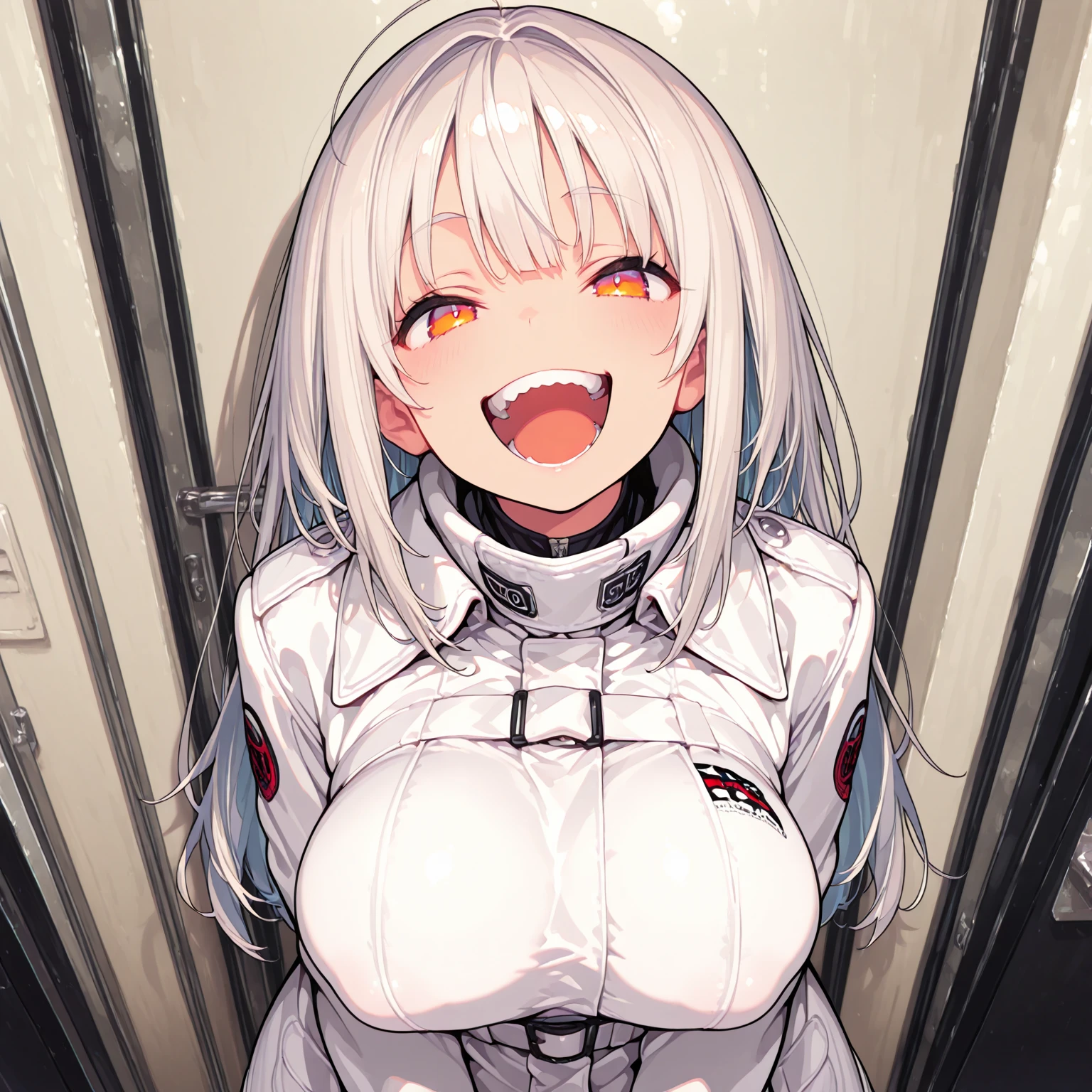 Masterpiece, High quality, High quality of art, anime lineart, 1girl,white hair, black eyes, white eyebrow, red eyeshadow, Tall, big hips, big chest, very blush, white hearts in eyes, in future base, looking at viewer, smile, white skin,In the base of the future somewhere in Antarctica, white fur coat