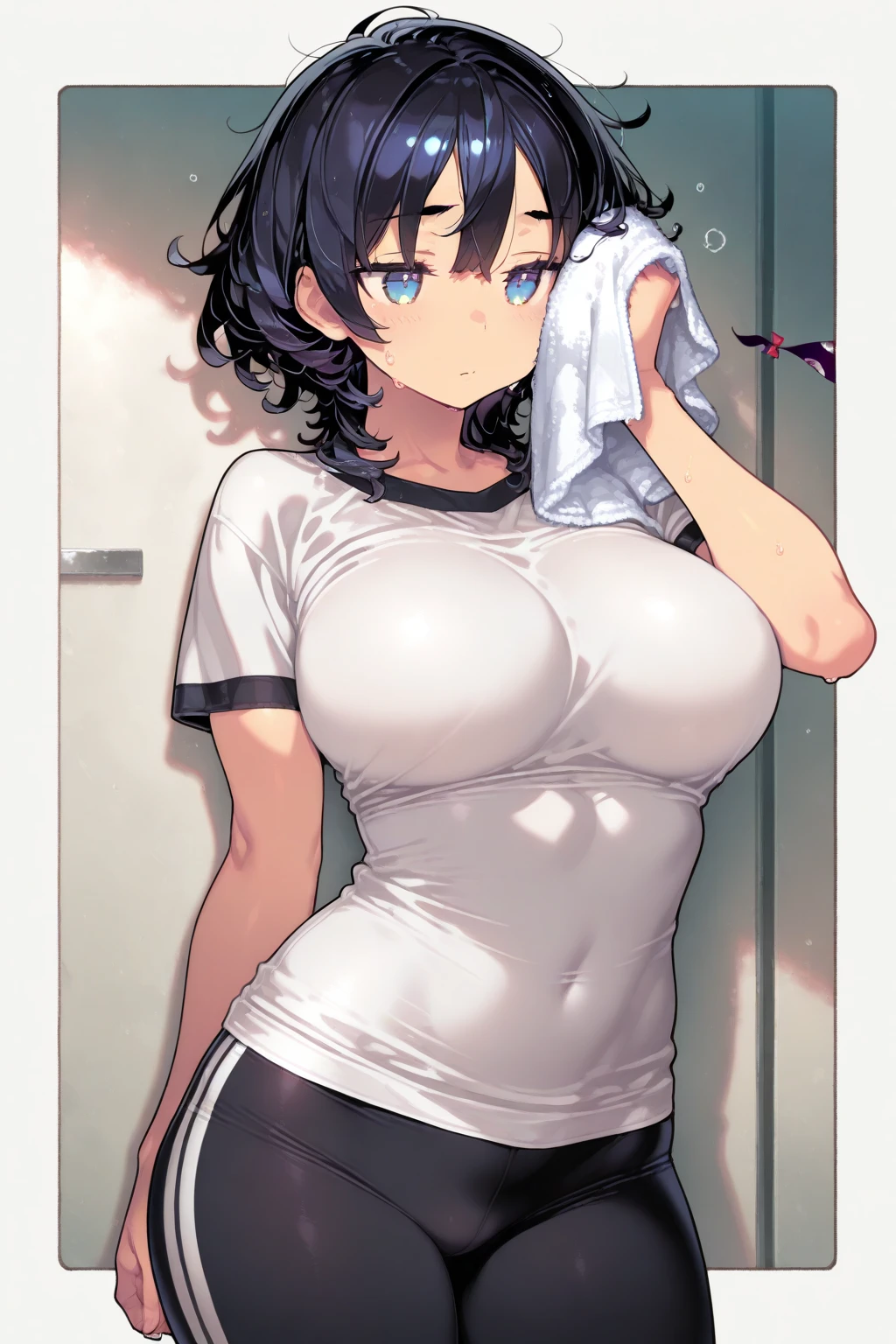 Exercise and sweat、((towel)、Illustration of a woman wiping her face)。T-Shirts、Shorts。slender、Adult women。8Life size。